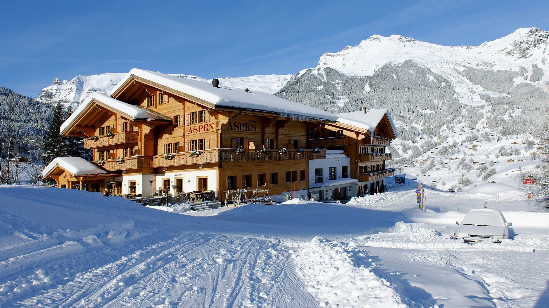 aspen, built structure, scenics - nature, sky, mountainous landforms, building, mountain, building exterior, residential district, hotel, resort, switzerland, HD Wallpaper