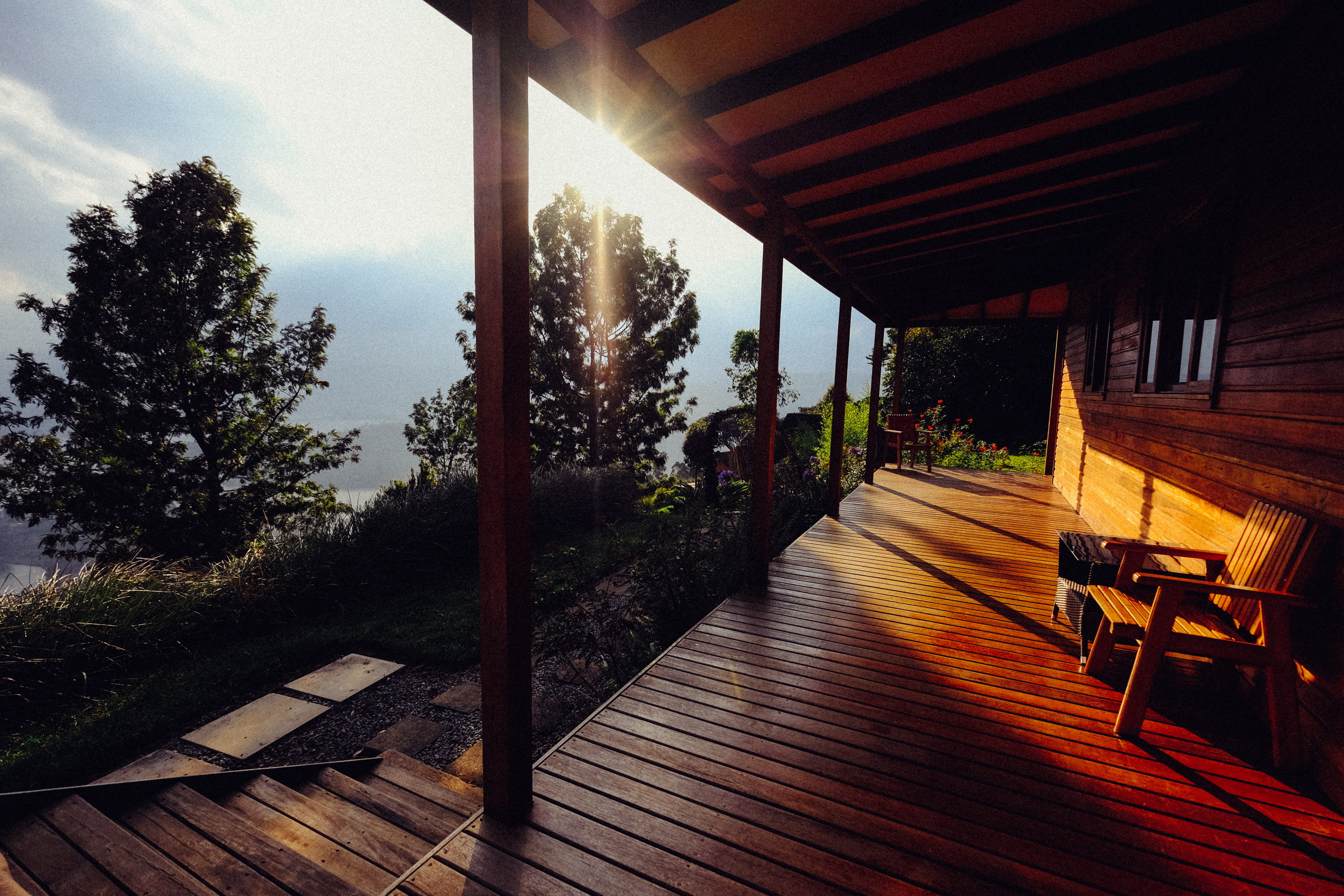 empty, indoors, seat, sunlight, day, sunset, architectural column, sky, no people, porch, nature, wood, architecture, tree, ray, chalet, 5K, absence, growth, HD Wallpaper