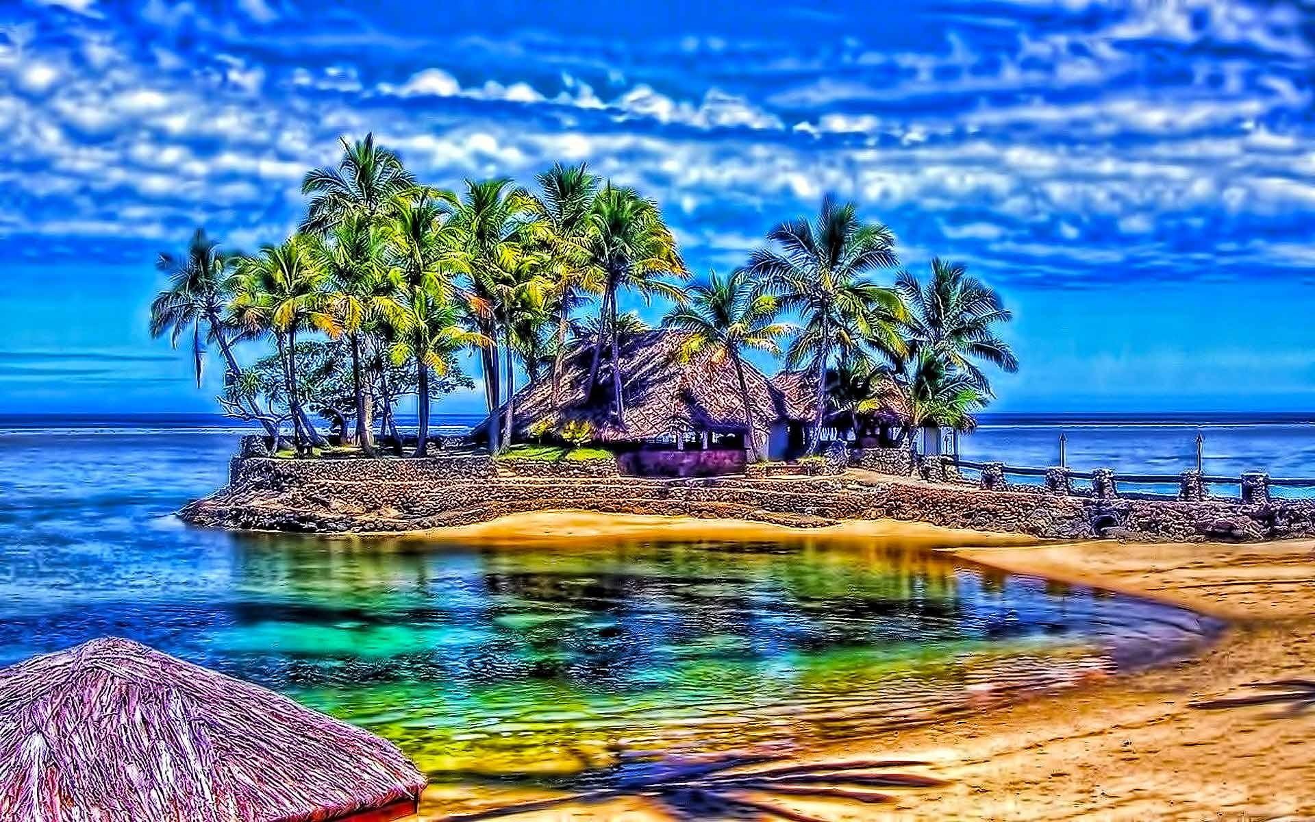 blue, vacation, chalet, beach, house, gray, 1080P, around, roof, photo, coconut, look, trees, 3d and abstract, beauty, HD Wallpaper