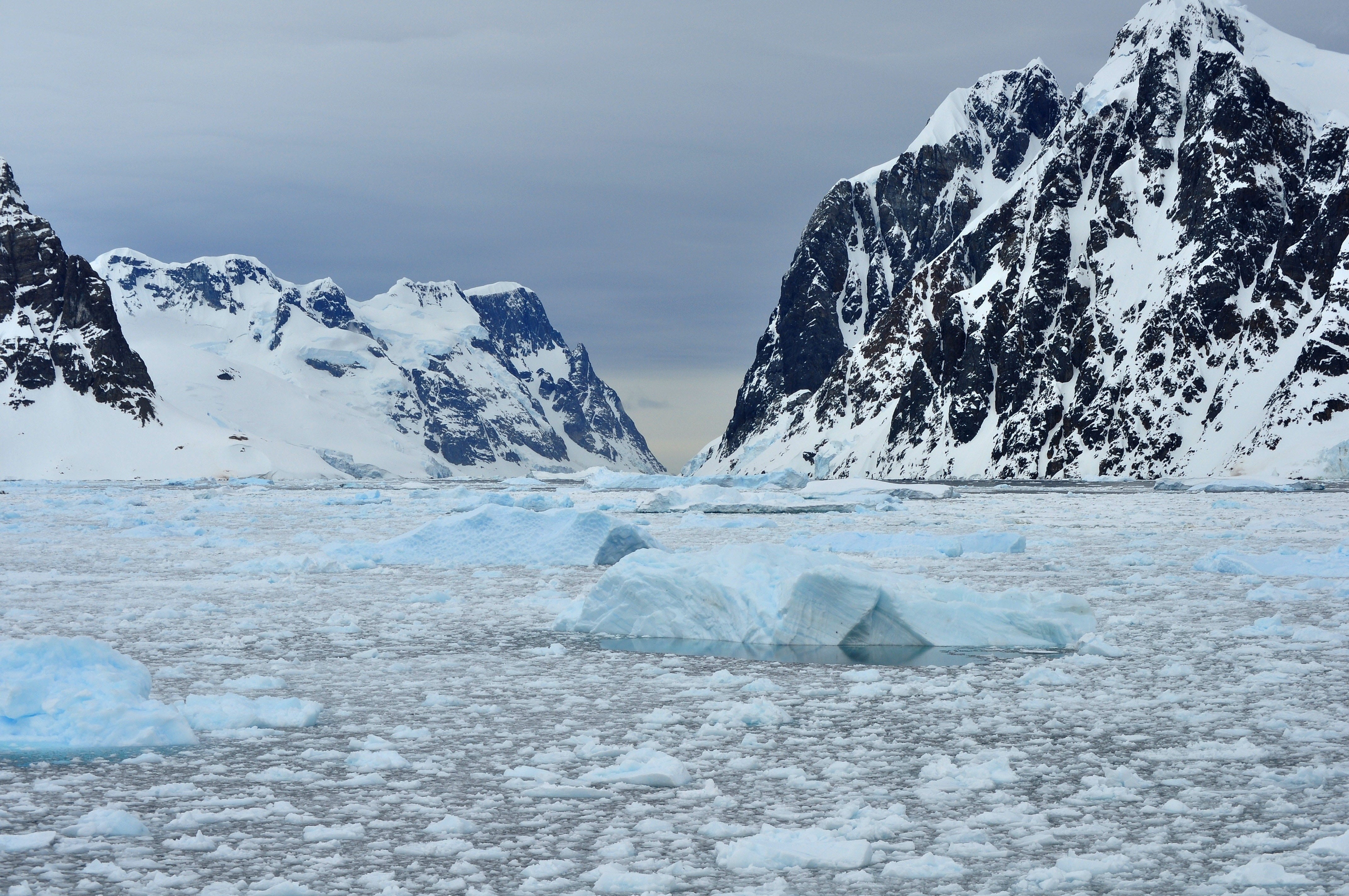 cold, environment, water, glacier, berg, floating on water, ice, sky, clouds, mountain, tranquility, iceberg, landscape, sea, day, 4K, nature, icy, winter, HD Wallpaper