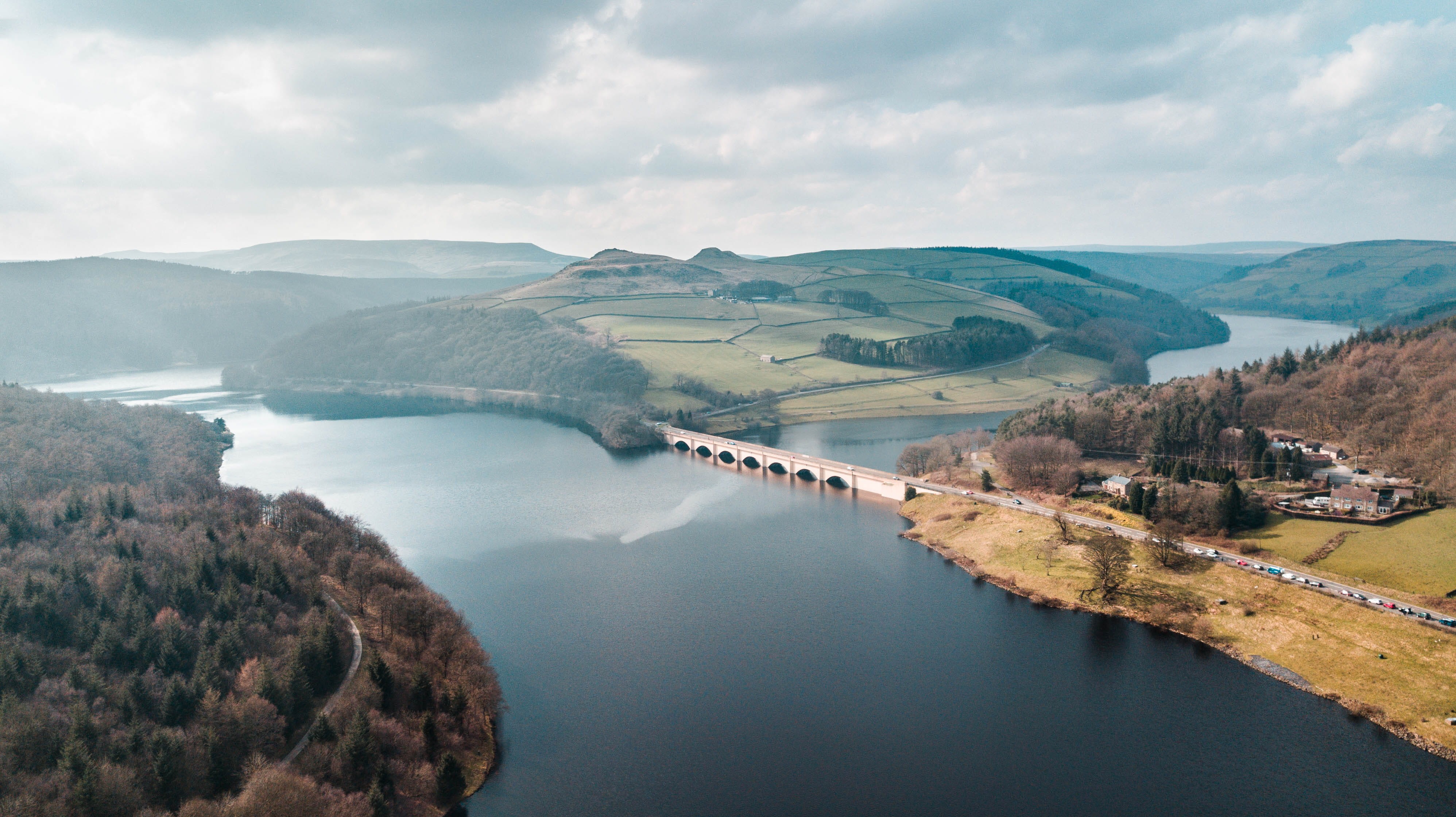 4K, mountain range, high angle view, aerial view, countryside, blue, promontory, travel, sunlight, built structure, daytime, cloudy, mountain, sea, body, HD Wallpaper