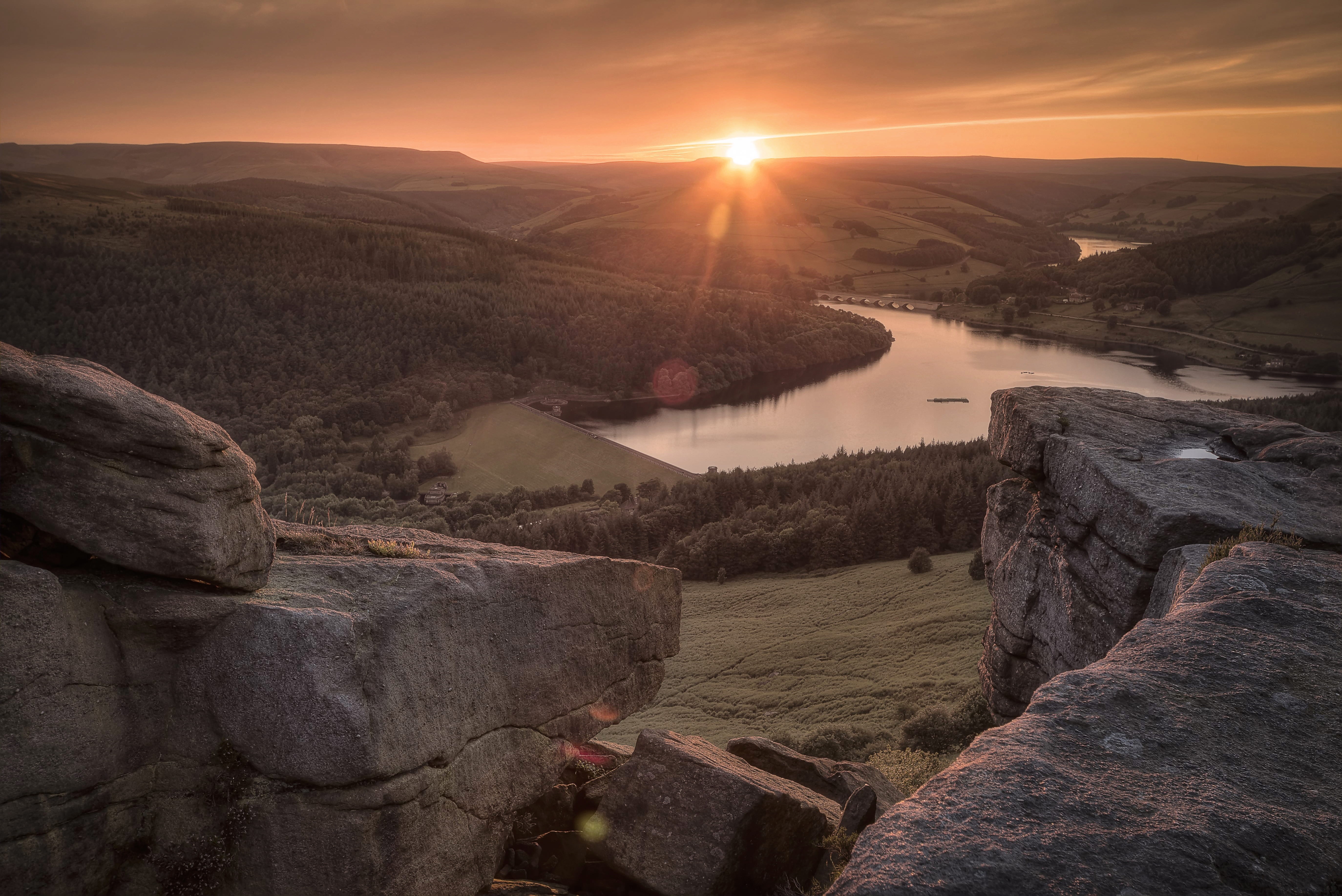 woodland, valley, rock, view, ladybower reservoir, beside, forest, peak district, sundown, landscape, bamford edge, tranquility, tranquil scene, nature, HD Wallpaper
