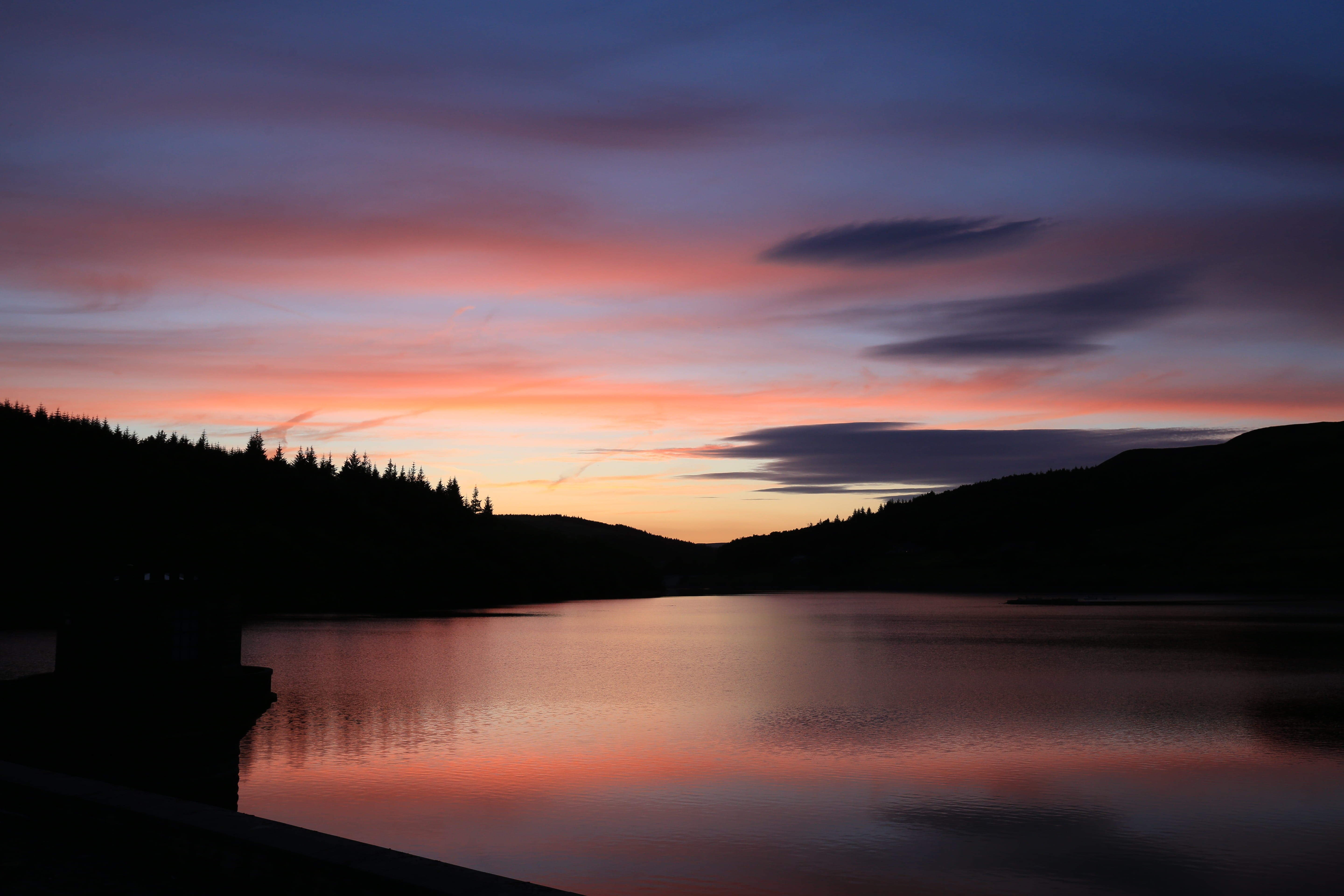 sunrise, dusk, cloudscape, lakeside, water, tree, reflection, tranquility, cloud, no people, sunset, waterfront, united kingdom, red sky, silhouette, lake, HD Wallpaper
