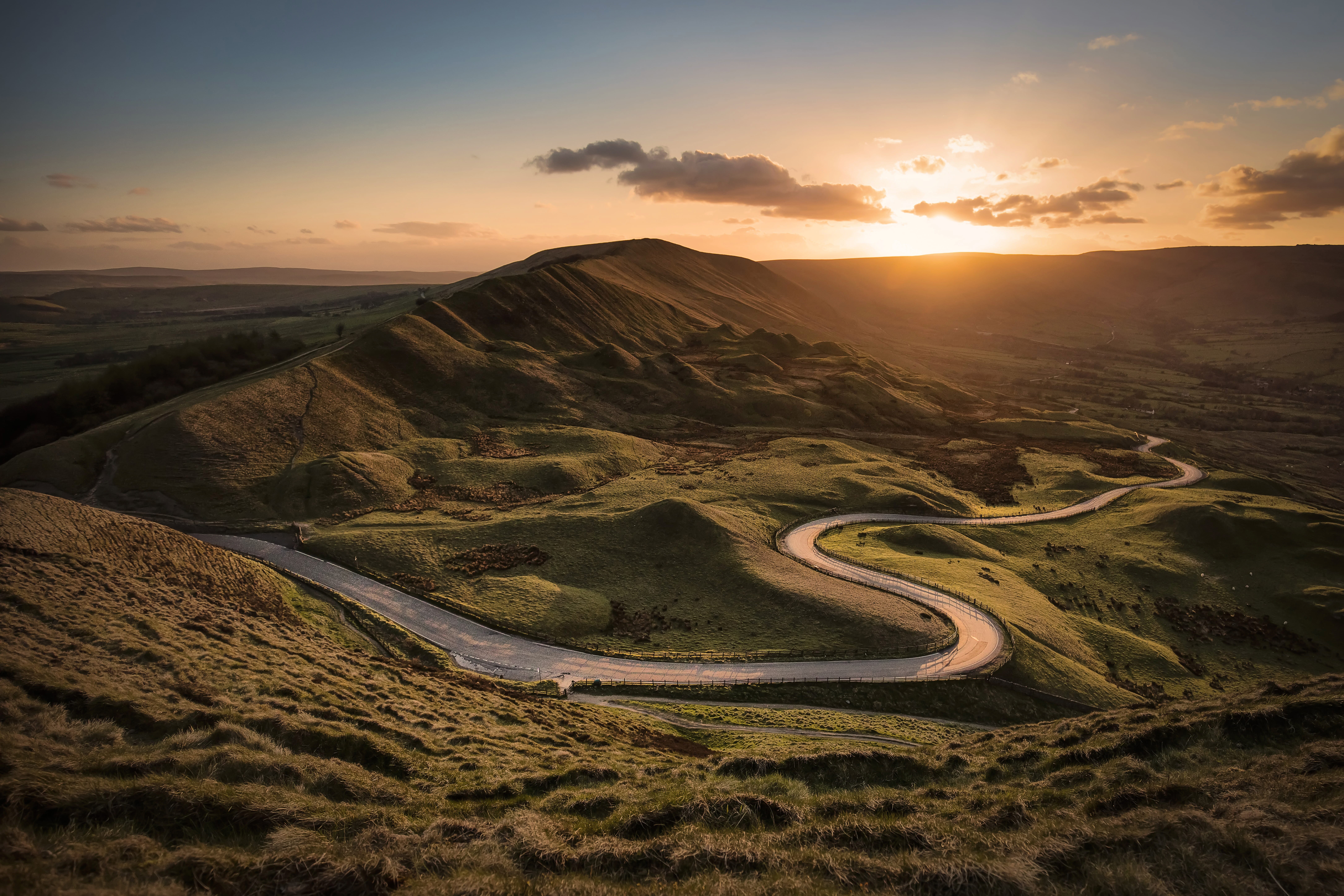 winnats pass, gray, non-urban scene, scenics - nature, golden, tranquility, land, landscape, mam tor, lens flare, hour, road, mountain, no people, horizon, HD Wallpaper