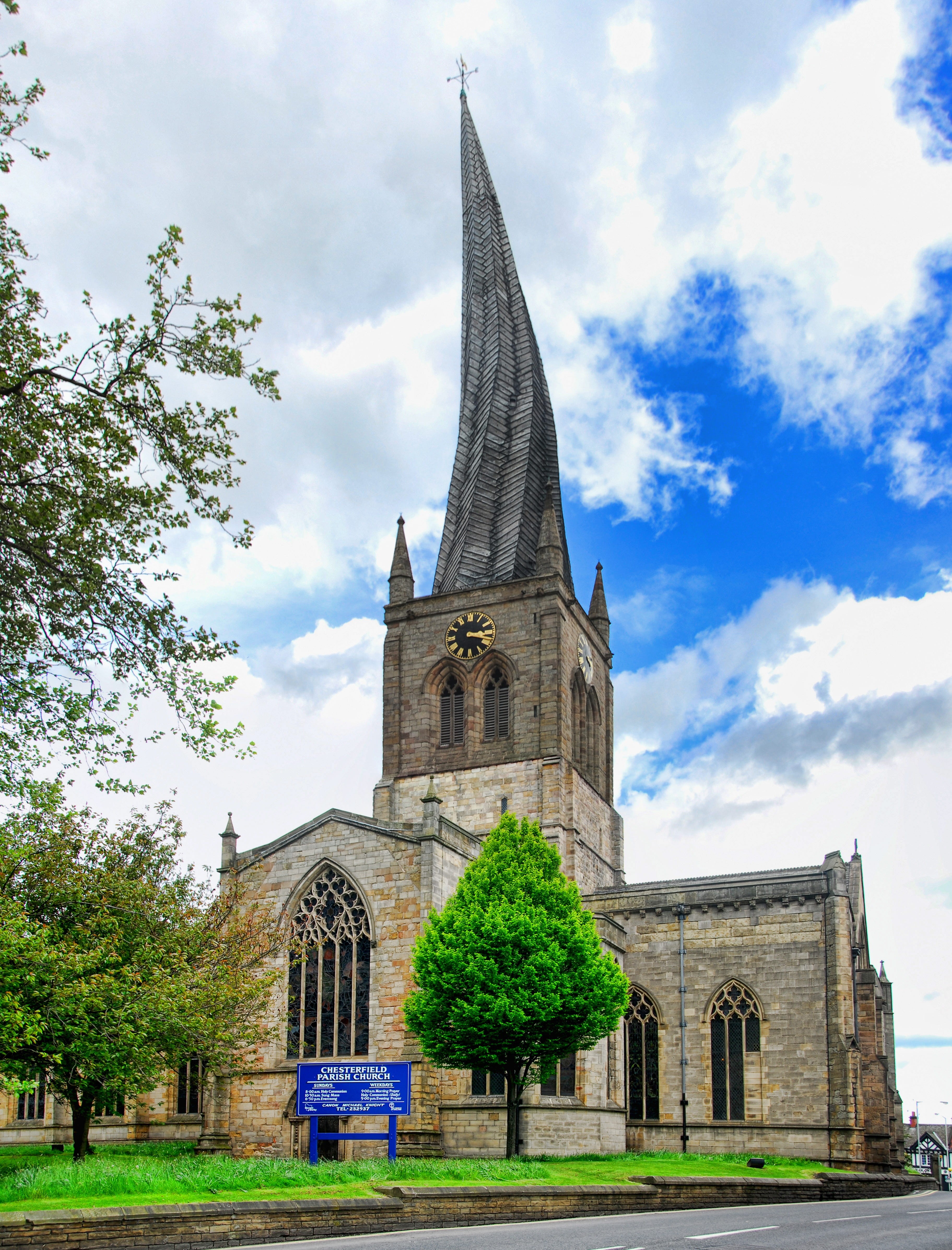 outdoors, cathedral, building, Chesterfield, historic, spire, gothic Style, nature, england, plant, place of worship, cloud - sky, places Of Worship, landmark, Phone HD Wallpaper