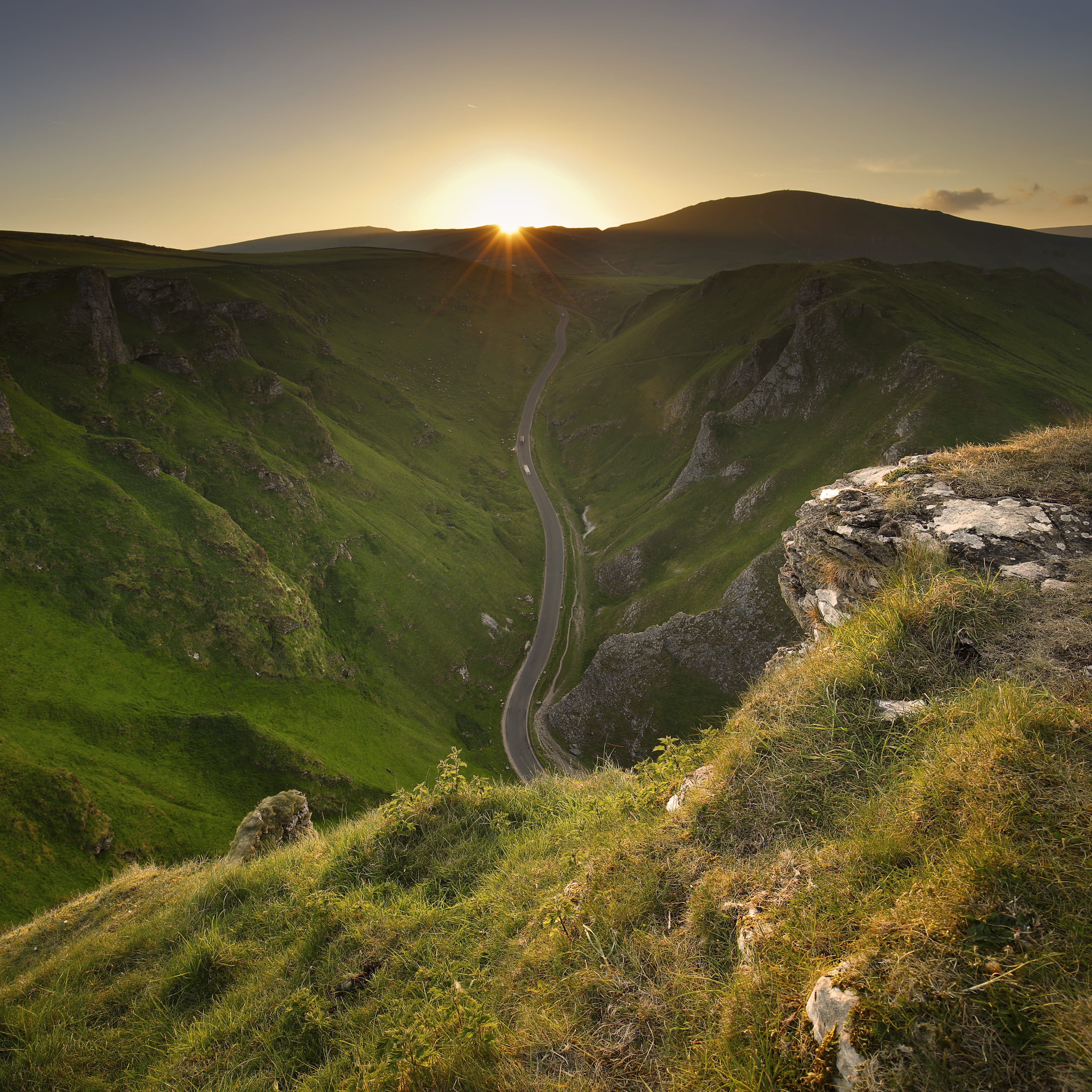 aerial, derbyshire, greenery, sunlight, outdoors, road, non-urban scene, no people, nature, tranquil scene, path, hill, view, scenics - nature, mountain, Phone HD Wallpaper