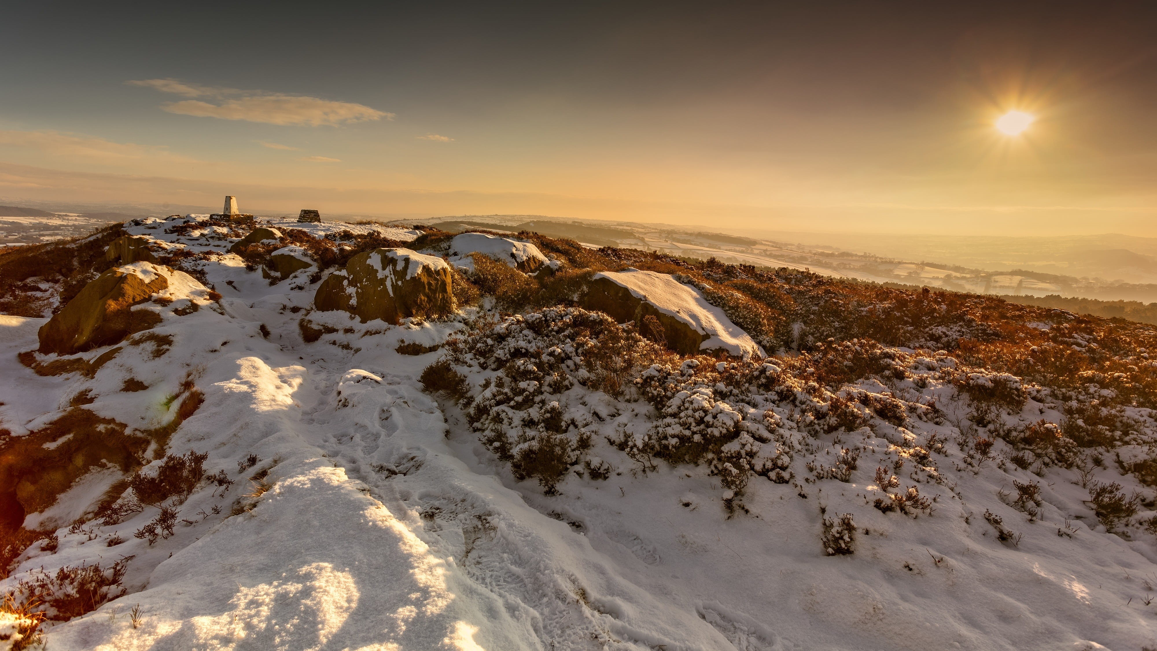 solid, sunset, landscape, outdoors, sky, peak district national park, sea, snow, cloud - sky, tranquility, no people, rock - object, winter, land, sun, HD Wallpaper