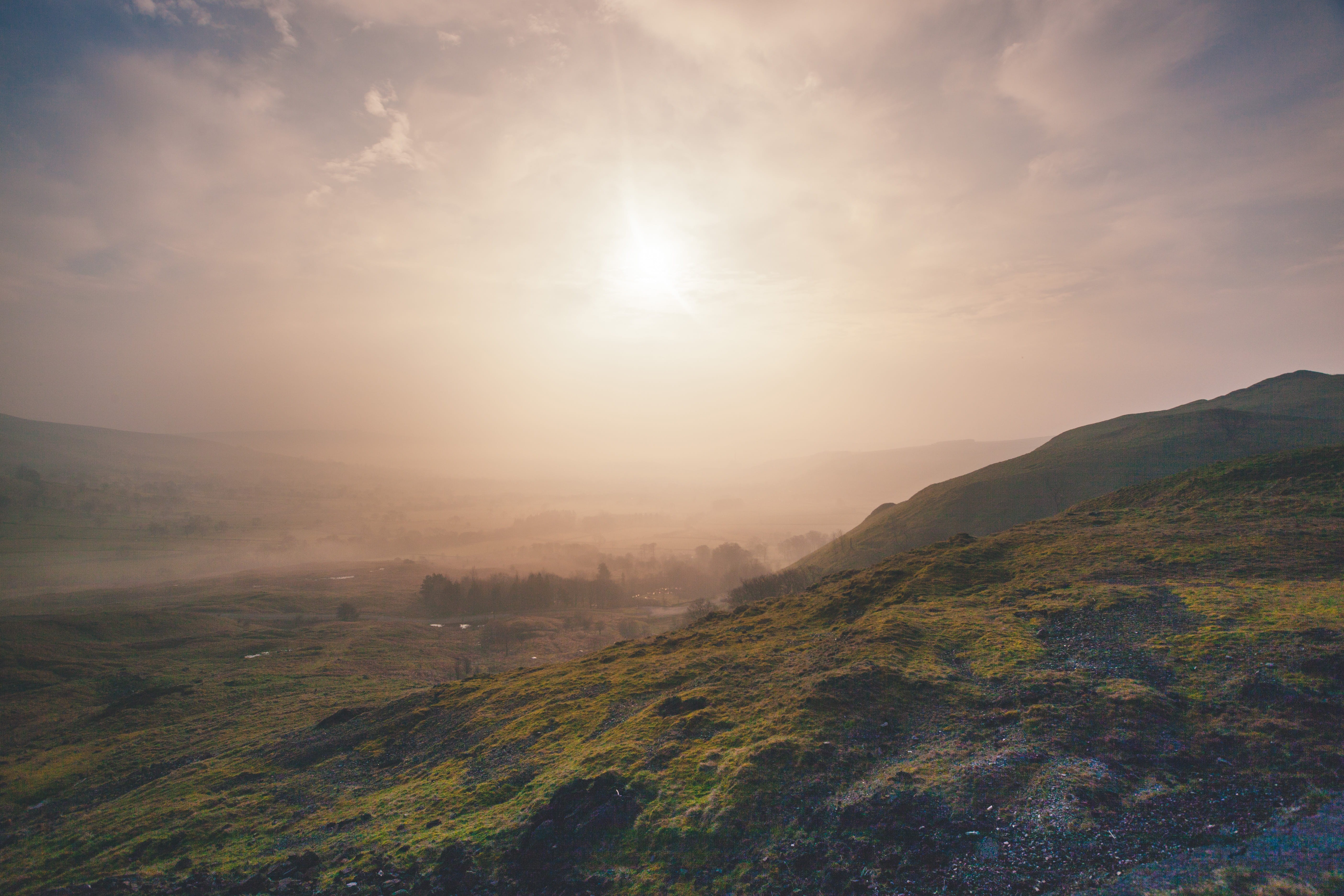 lens flare, sunbeam, scenics - nature, nature, landscape, cloud - sky, day, sun, mountain range, beauty in nature, non-urban scene, remote, 5K, peak district national park, HD Wallpaper
