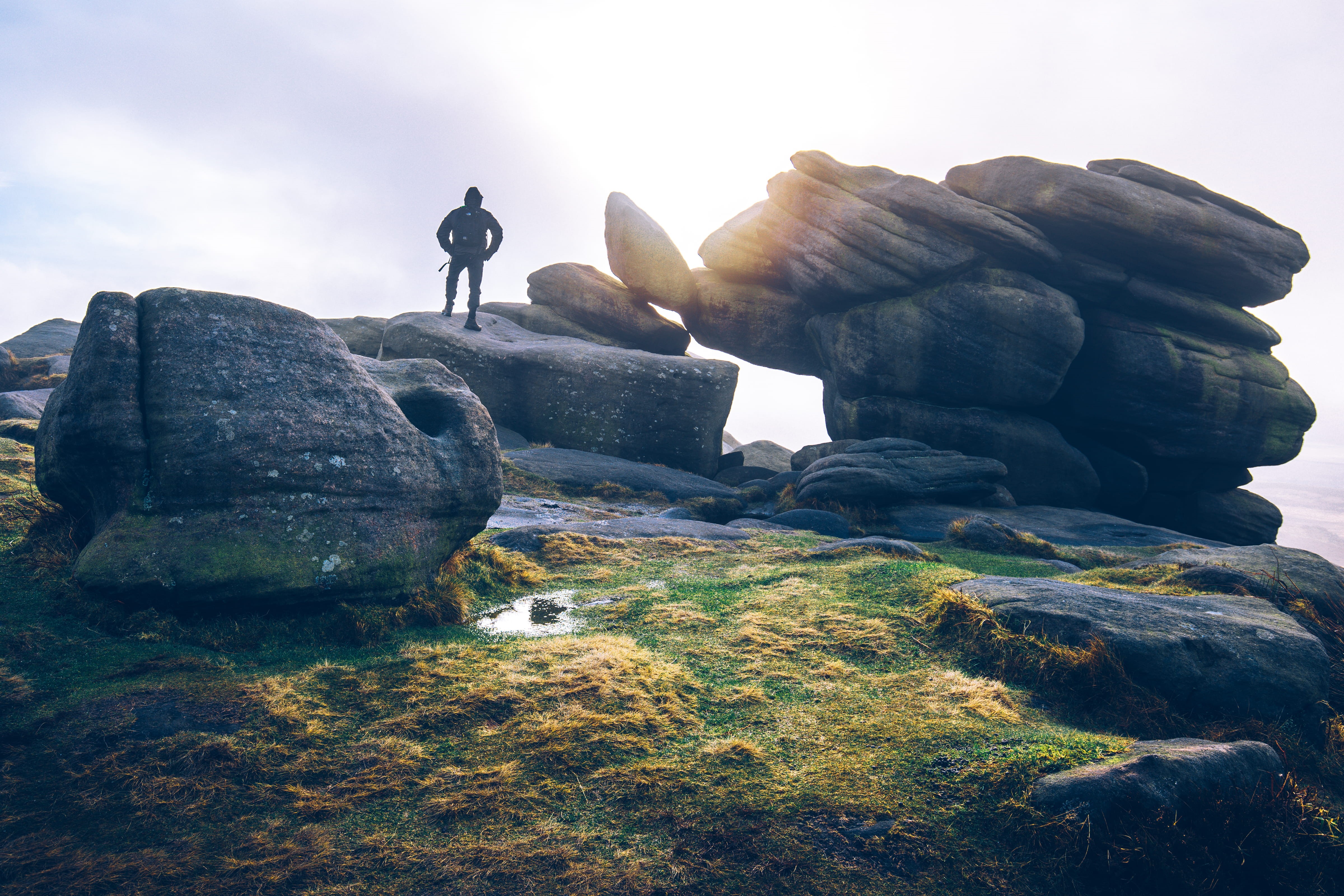 human, peak district national park, stone, rock formation, standing, leisure activity, nature, men, united kingdom, yorkshire, outdoors, bakewell, sky, HD Wallpaper