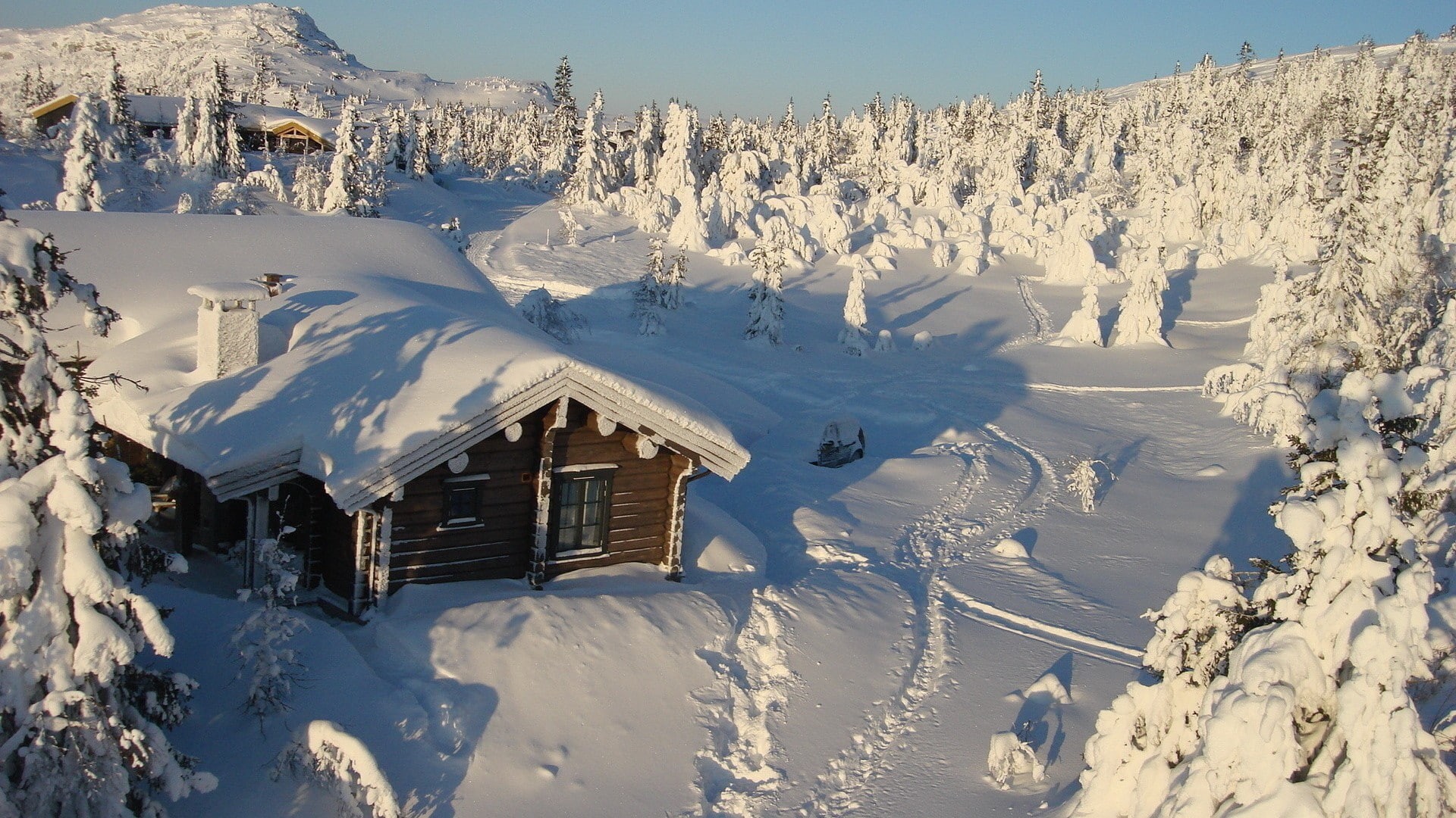 winter, cabin, covered, house, nature, 1080P, hd, trees, wooden, snow, HD Wallpaper