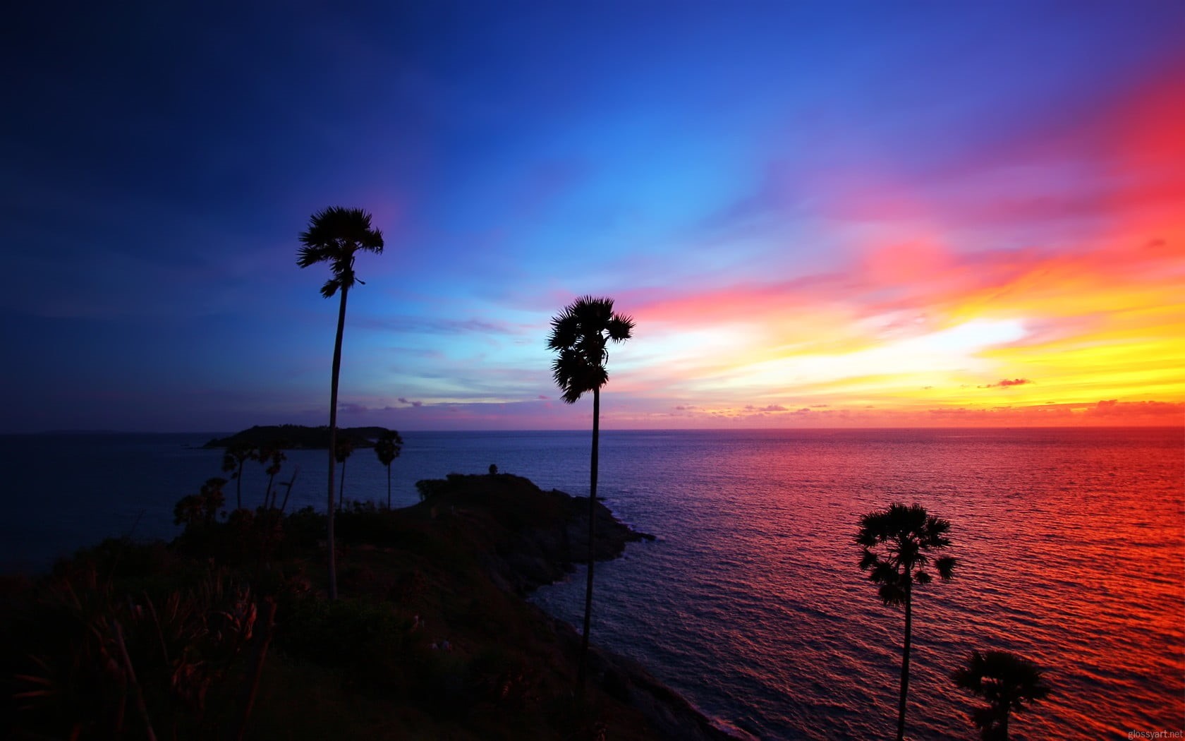 sunset, island, palm, sunlight, 720P, scenics - nature, palm trees, tree, trees, coconut palm tree, idyllic, no people, silhouette, tranquility, palm tree, HD Wallpaper