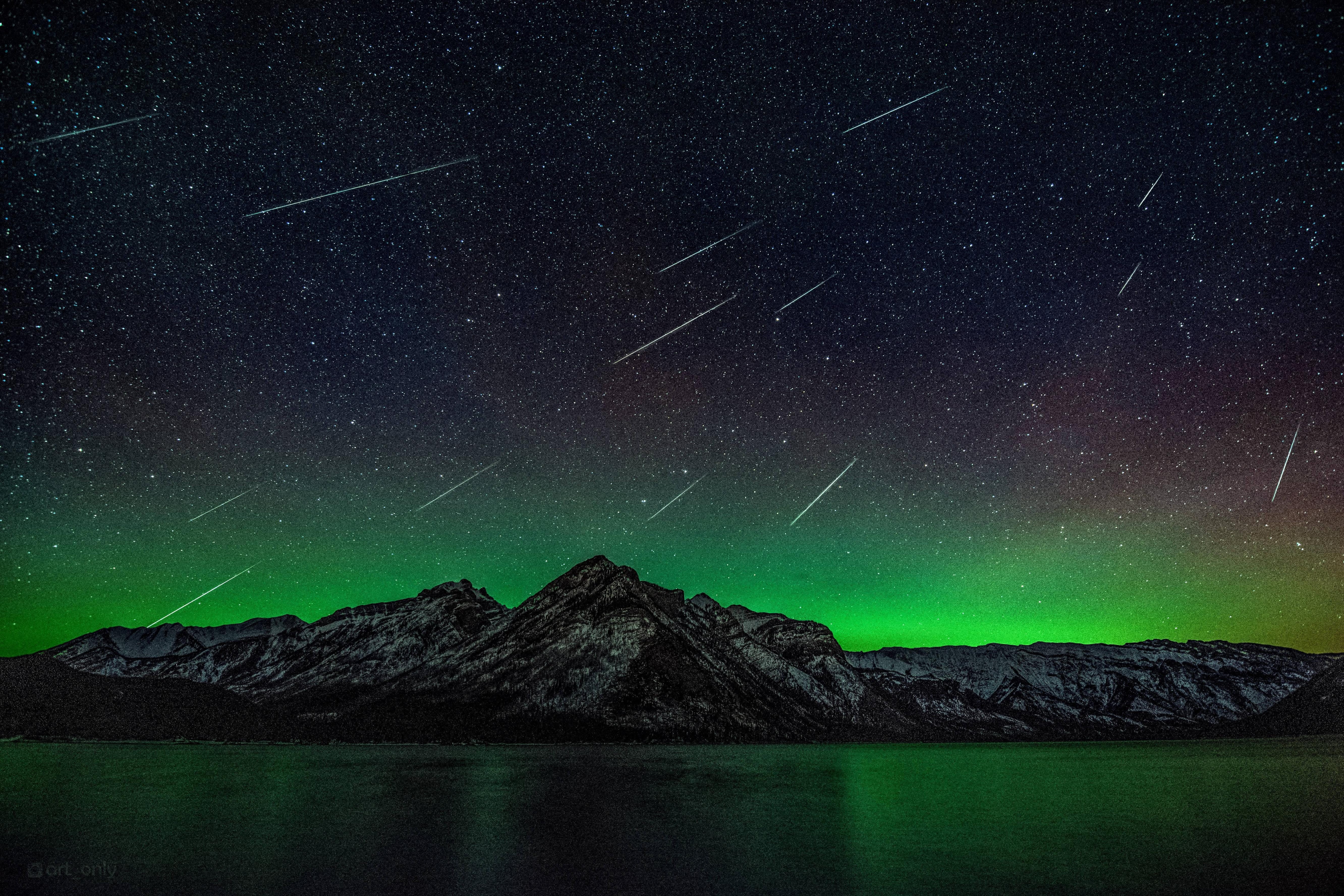 scenics - nature, water, astronomy, space, aurora  borealis, table, idyllic, mountain peak, star field, wooden, star, no people, sky, green, tranquility, HD Wallpaper