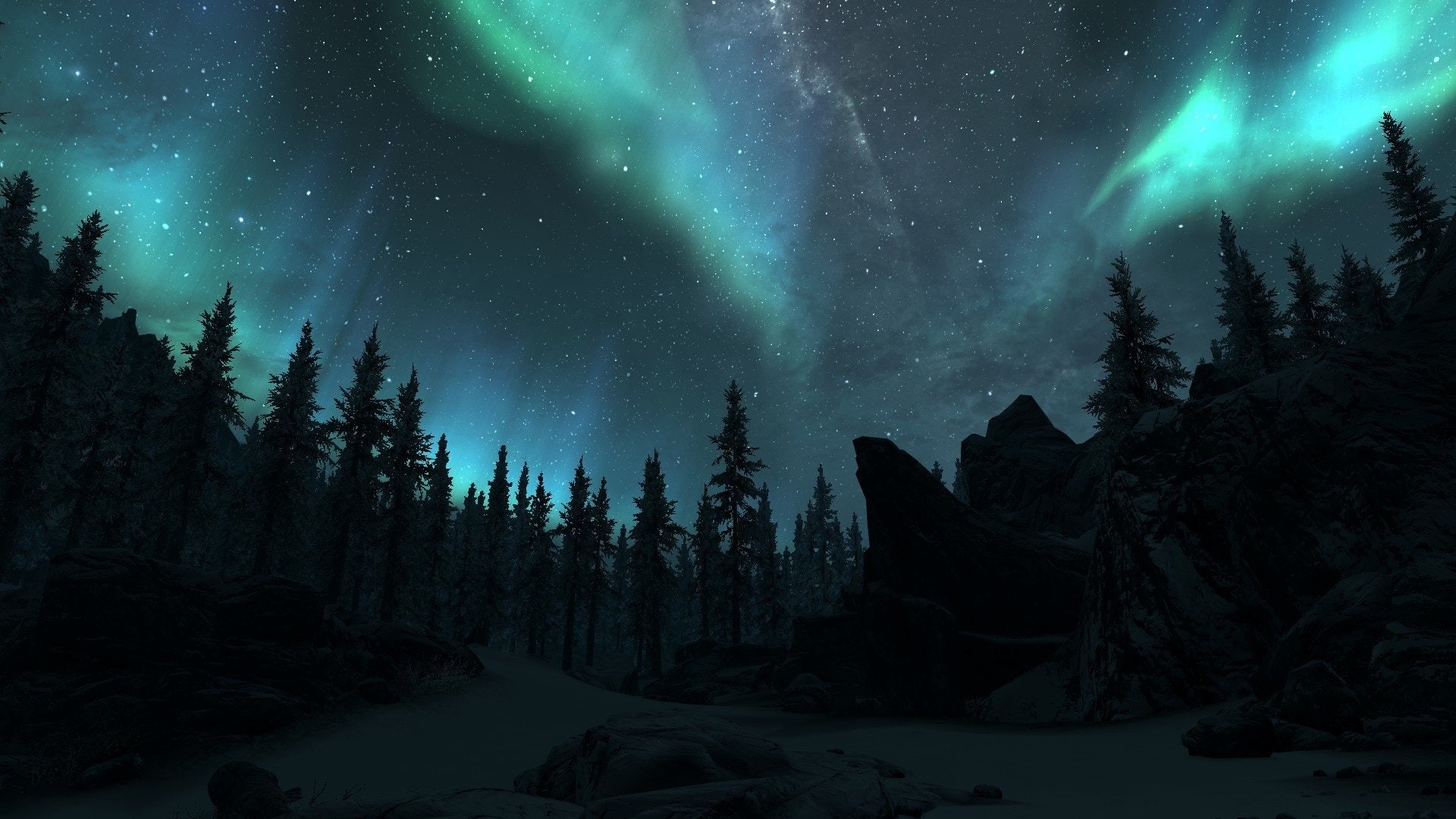 The Elder Scrolls V: Skyrim, Skyrim, Winter, Snow, Night, Tree, Aurora Borealis, 1080P, Earth, The Elder Scrolls, Forest, HD Wallpaper