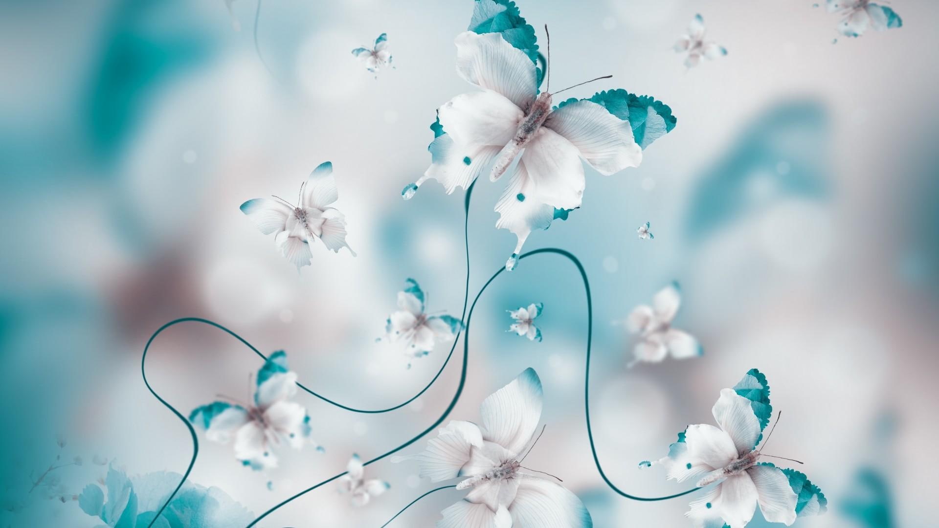 butterfly, turquoise, artwork, fairy tale, 1080P, digital art, HD Wallpaper