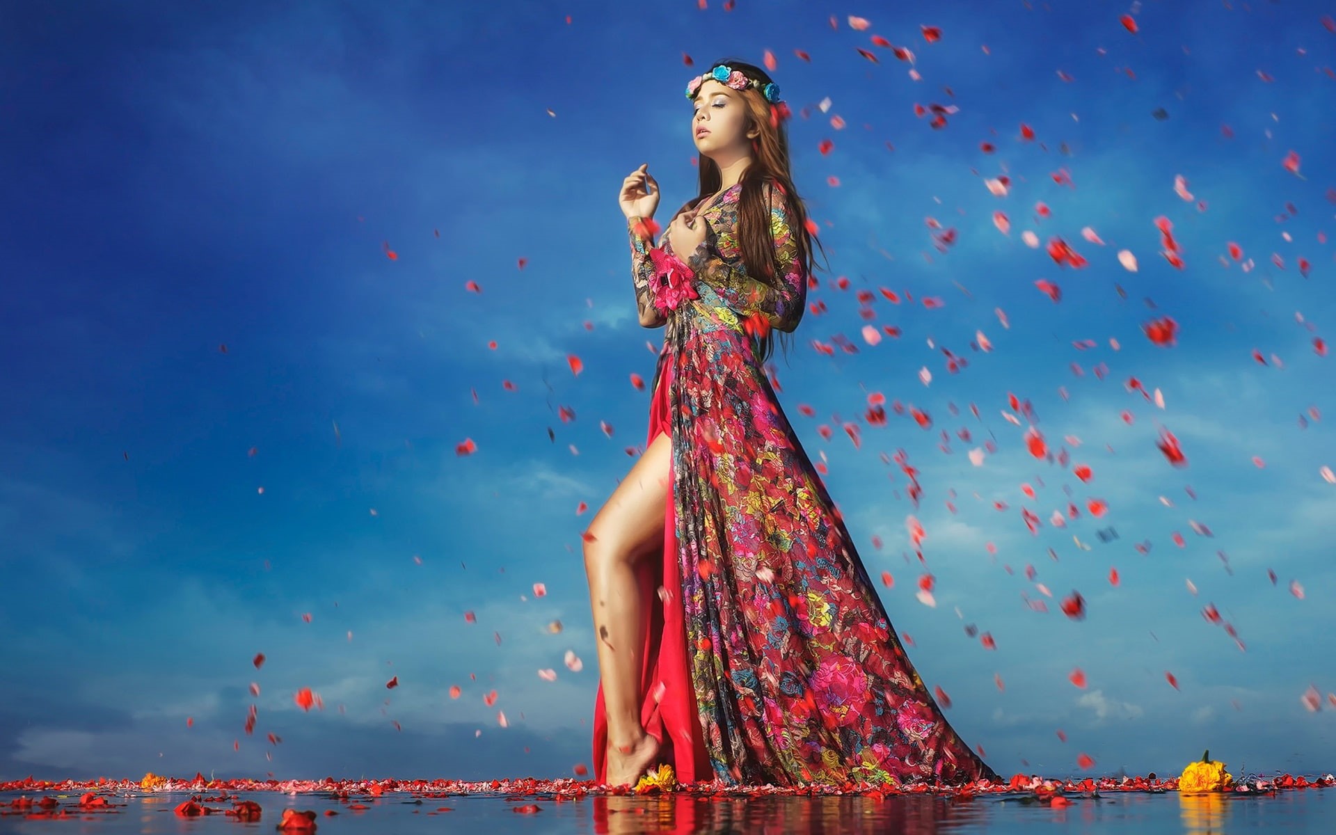 Girl, Petals, Gait, Water, Beautiful, 1080P, Flowers, HD Wallpaper