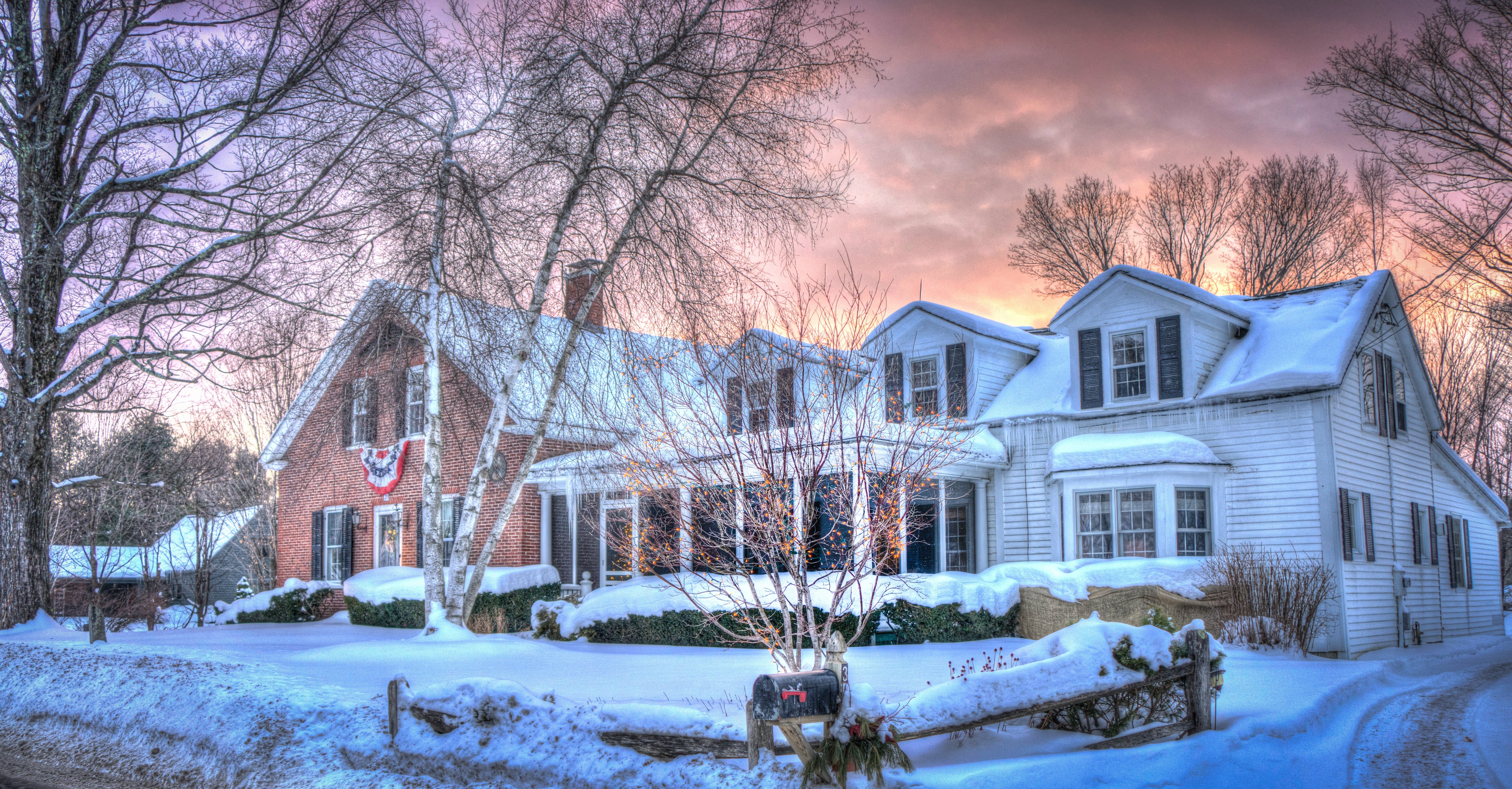 vermont, building Exterior, white color, water, blizzard, farm, snowing, bare tree, cold temperature, building, built Structure, scenery, sky, dusk, sunset, HD Wallpaper
