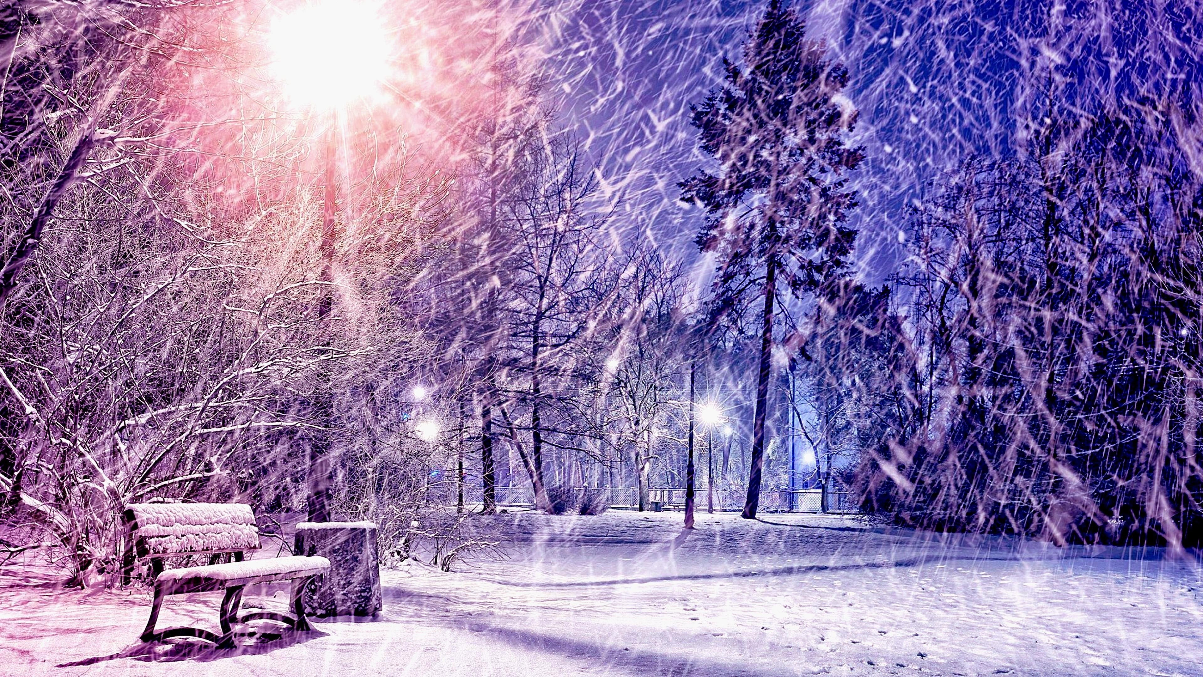 park, snowing, 4K, winter, evening, bench, HD Wallpaper