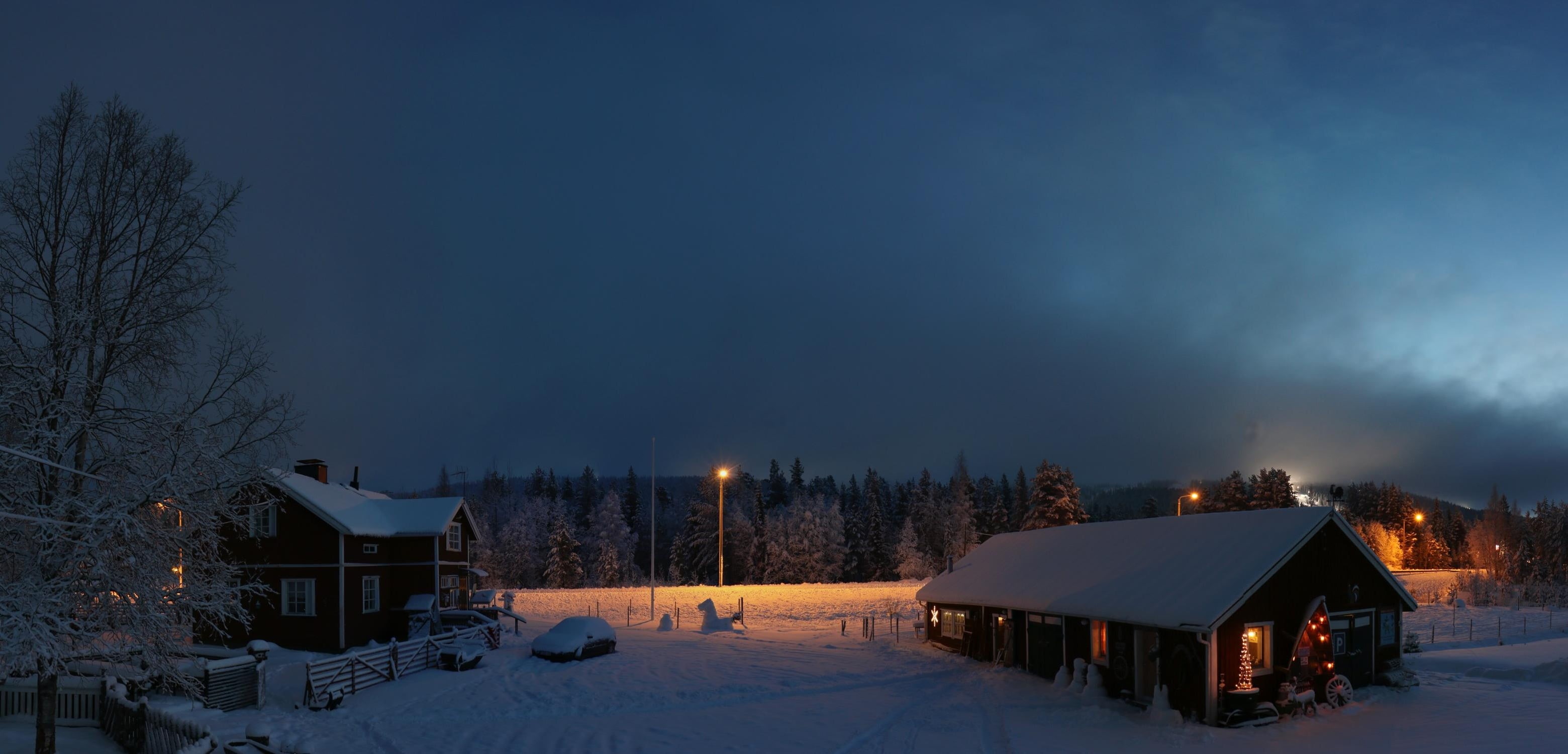 sky, Lapland, tree, house, scenics - nature, beauty in nature, nature, brown, houses, plant, building exterior, building, built structure, cold temperature, HD Wallpaper