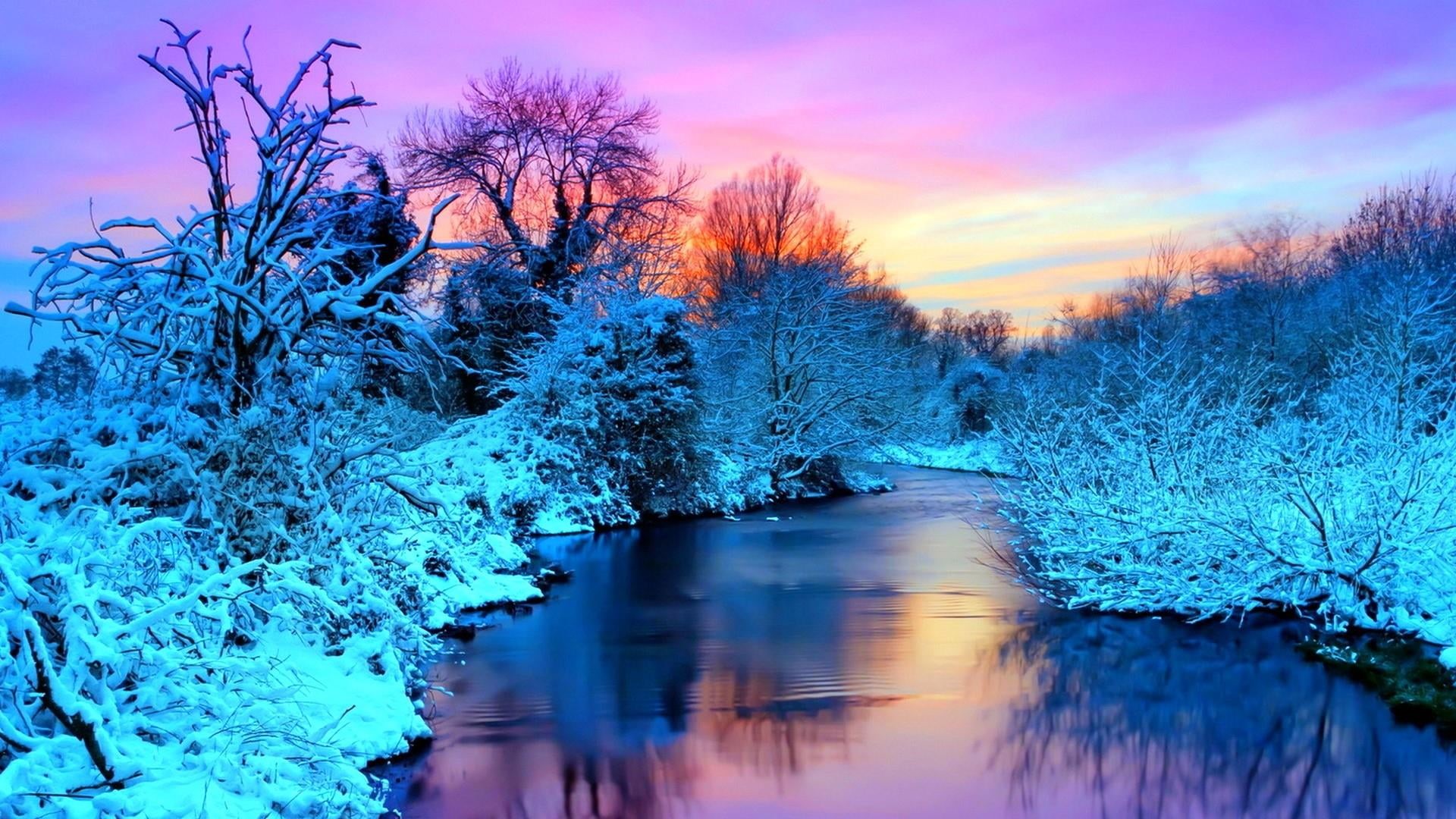 river, morning, tranquil scene, snowy, sunset, non-urban scene, frost, flowing water, watercourse, water, tree, sky, freezing, bare tree, canal, evening, HD Wallpaper