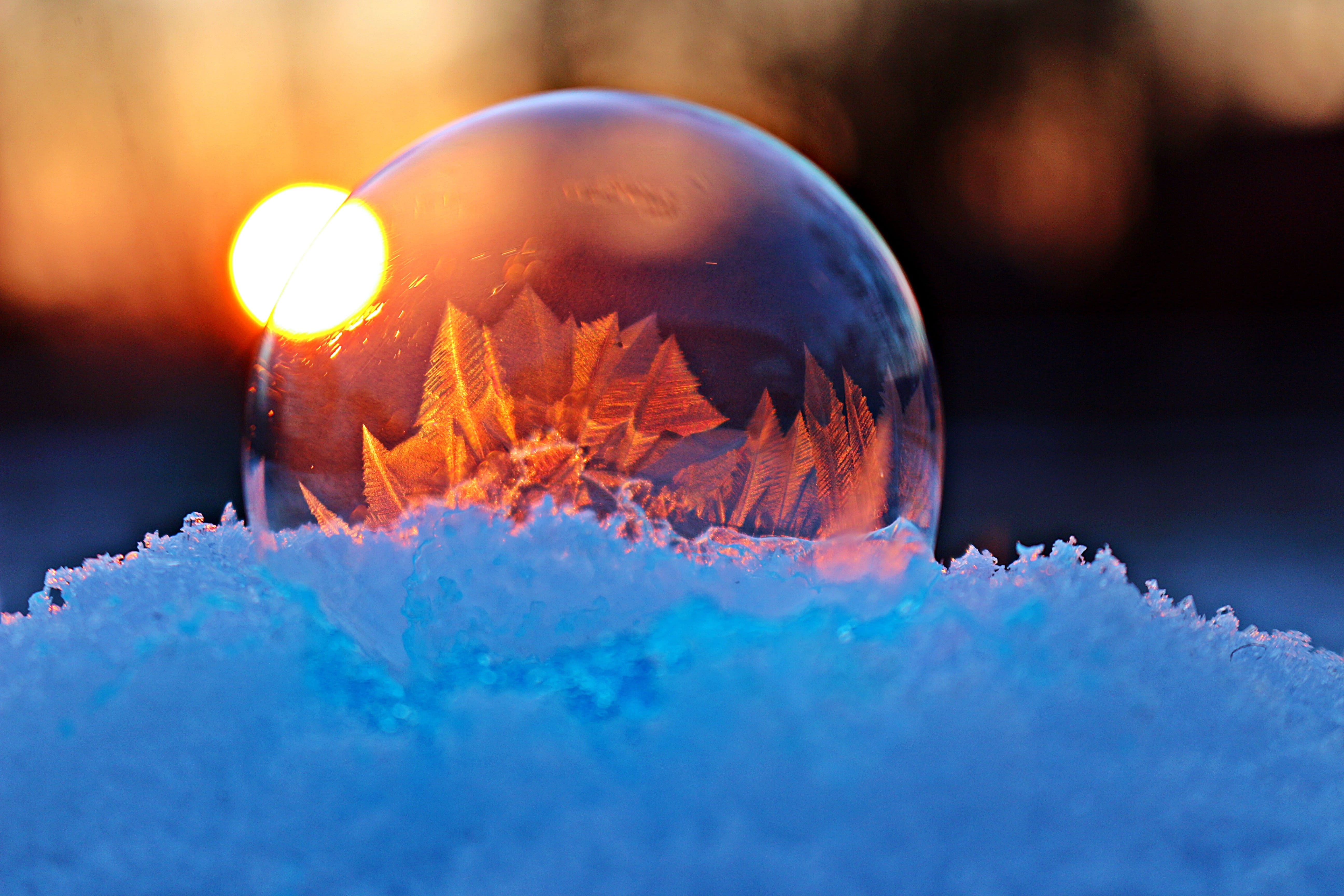 digital composite, ice ball, close-up, selective focus, sphere, frost bubble, sweet food, blue, ice crystal, outdoors, shape, reflection, frozen, change, HD Wallpaper