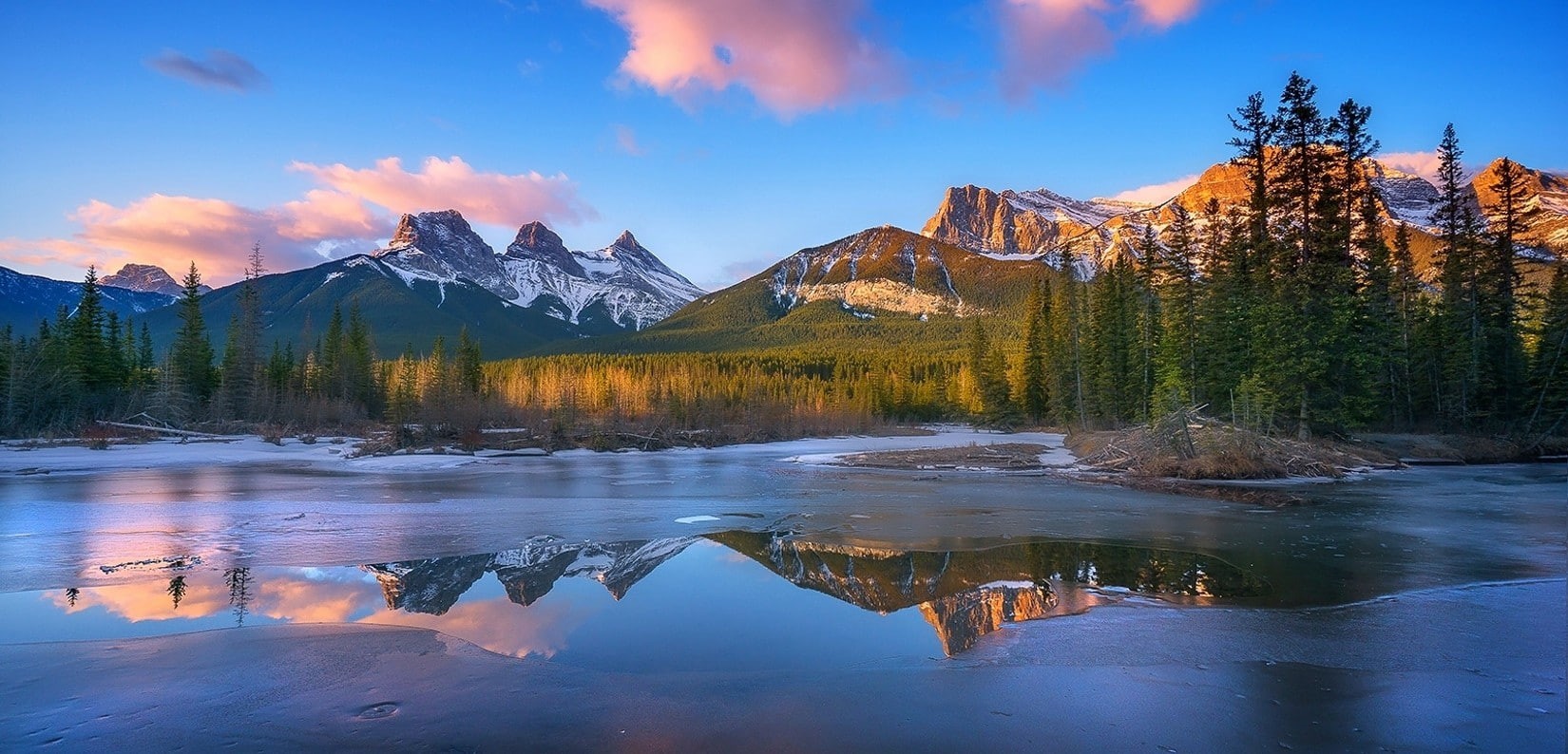 lake, nature, coniferous tree, mountain, pine woodland, pine tree, sunset, sun, tree, plant, cloud - sky, forest, reflection, outdoors, frost, snowy peak, HD Wallpaper