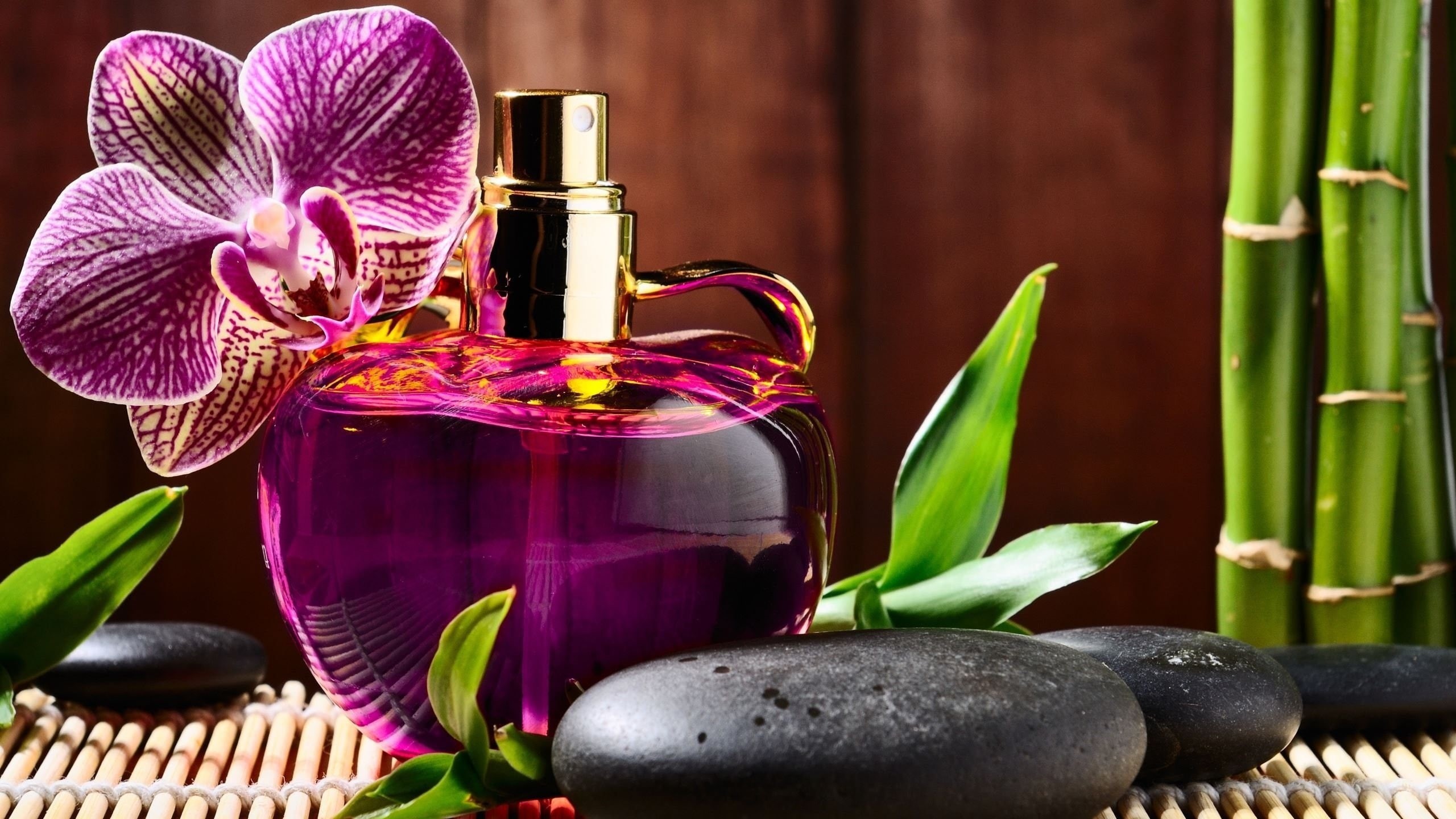 grass, purple, photography, bottle, orchid, bamboo, flower, moth, black, glass, stone, 2K, perfume, HD Wallpaper