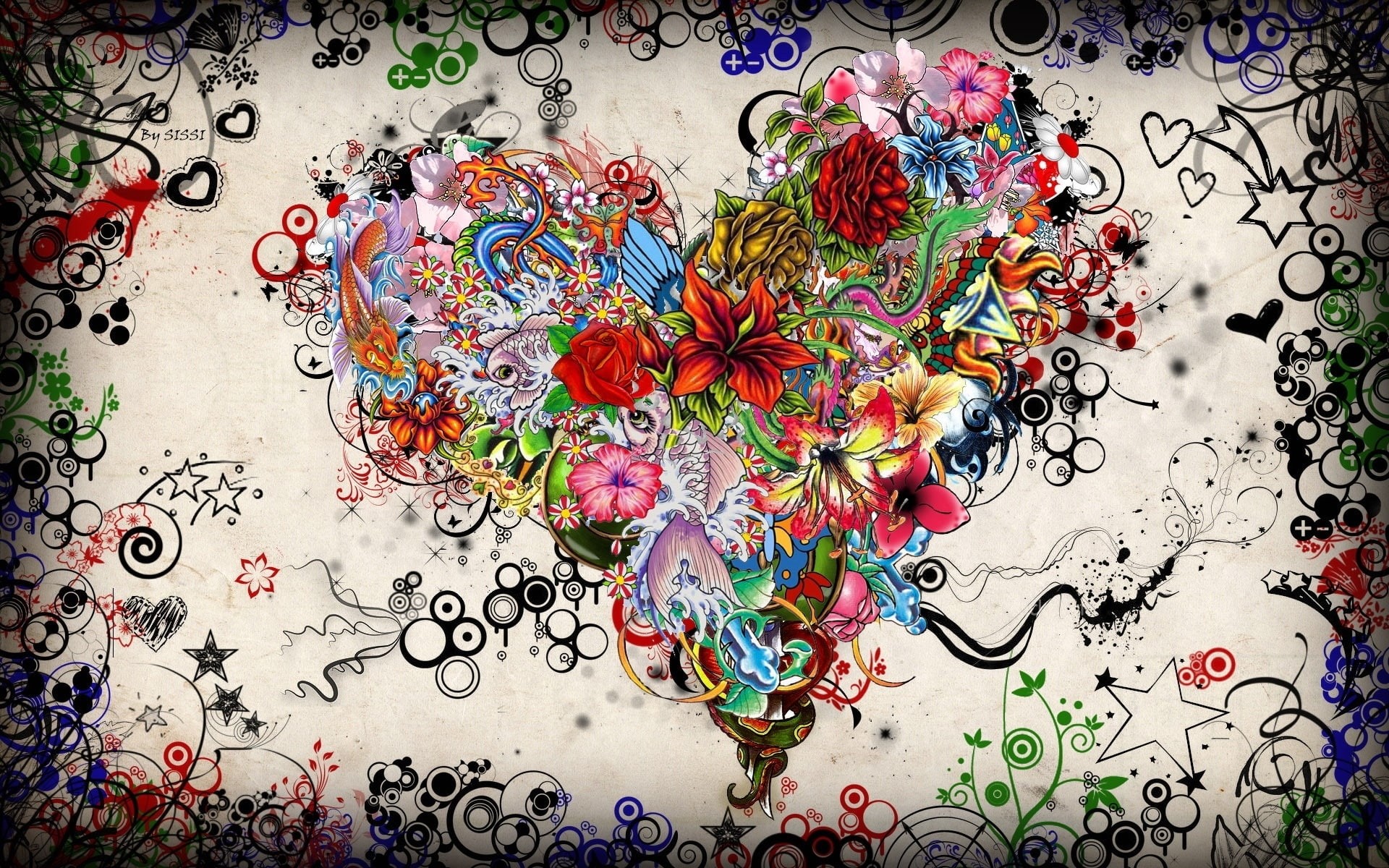 green, heart, white, 1080P, flowers, love, yellow, blue, red, background, arwork, HD Wallpaper