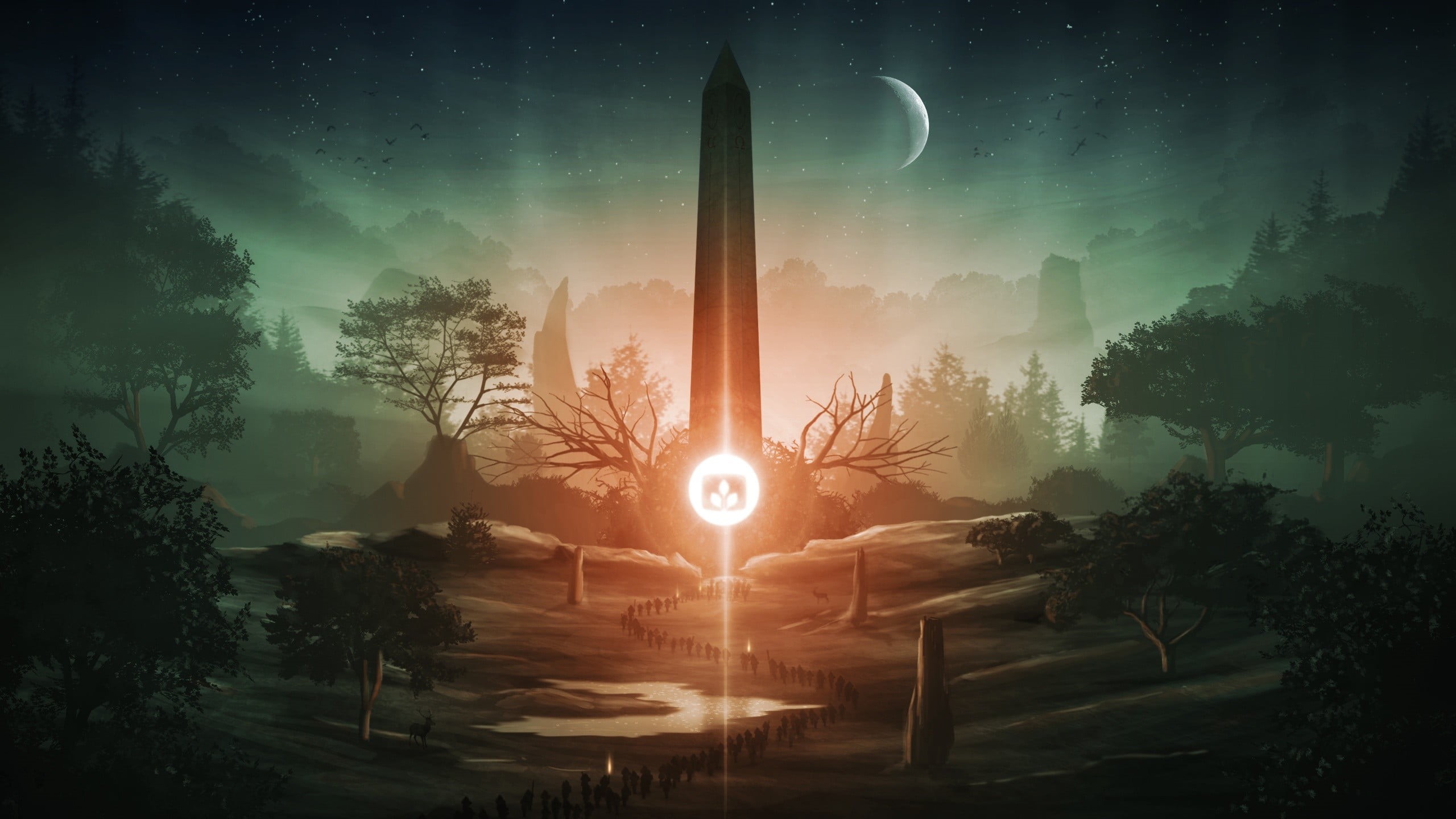 Moon, Obelisk, silhouette, night, beauty in nature, tranquil scene, digital composite, lens flare, tranquility, space, moonlight, tree, sky, scenics - nature, HD Wallpaper