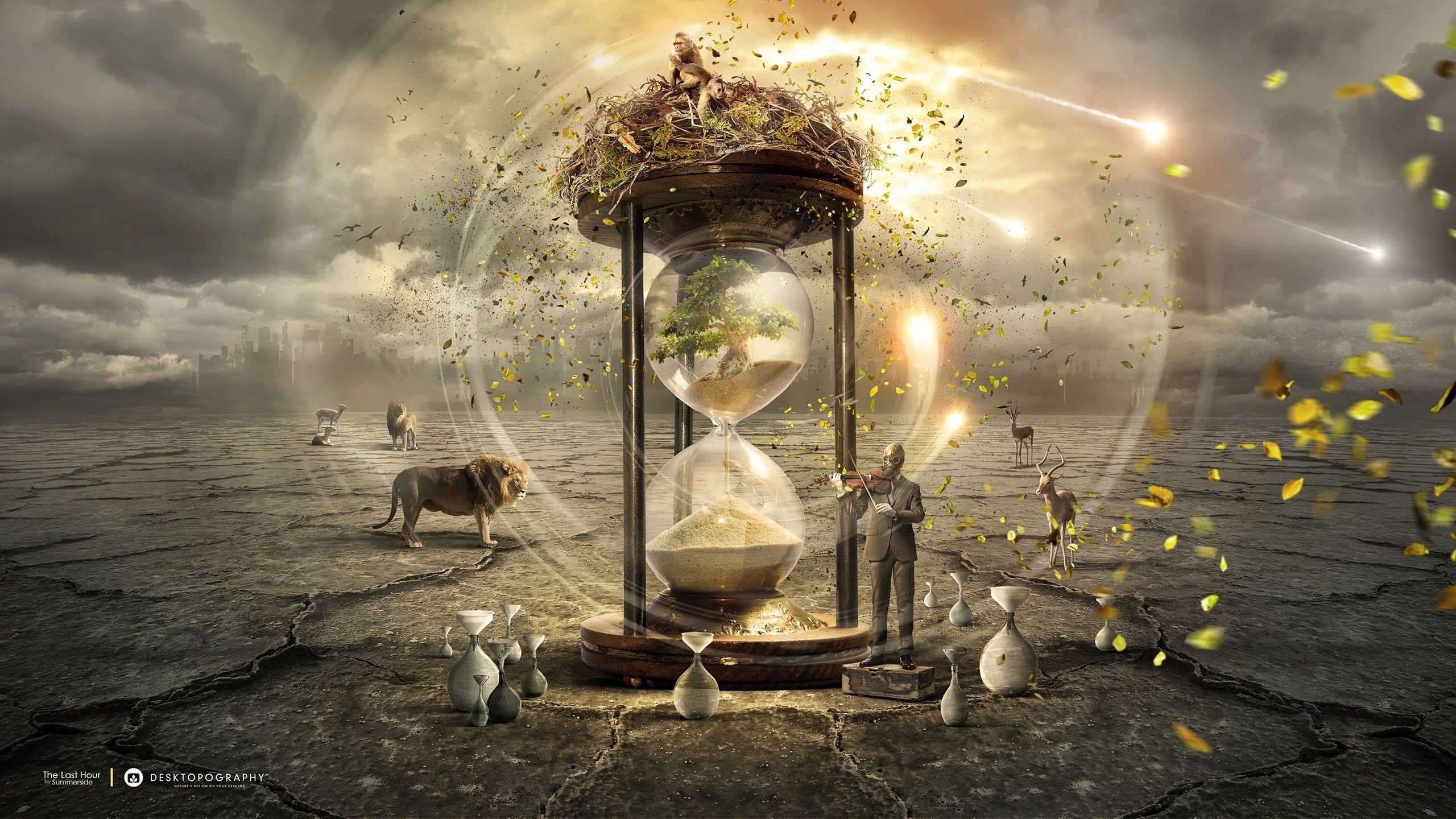  2K, cloud - sky, hourglasses, animal, fantasy art, no people, fire, surreal, men, Desktopography, warning sign, sand, one animal, illuminated, HD Wallpaper