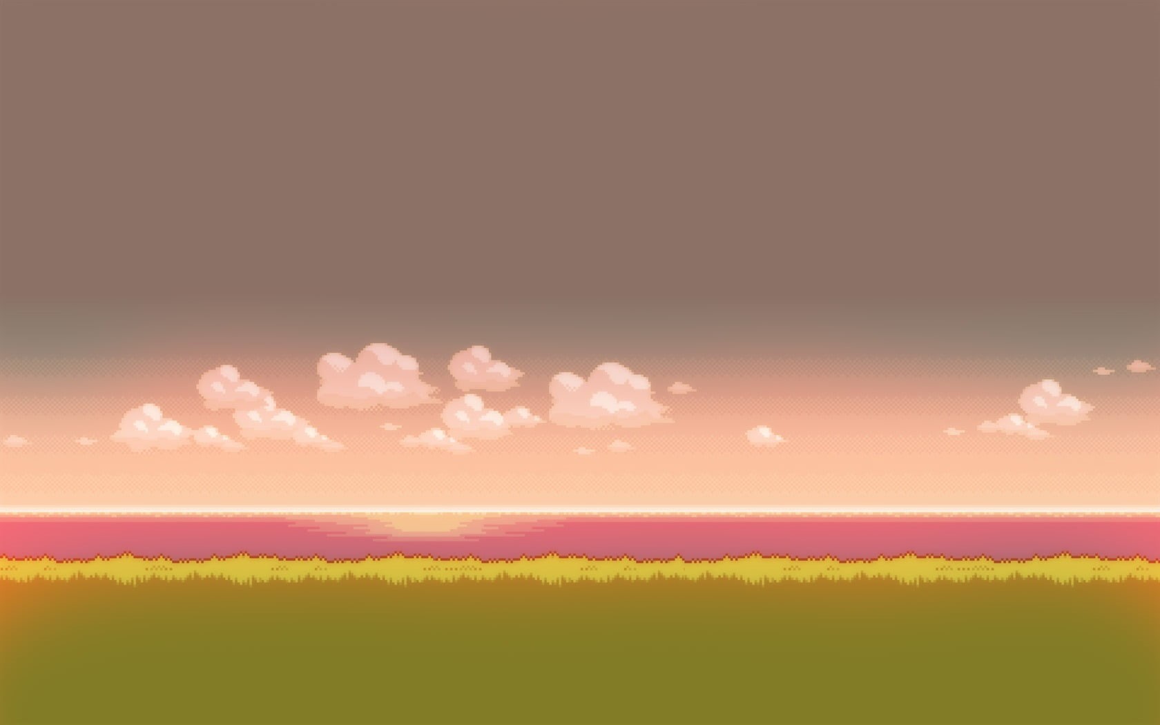sun, green, sky, grass, tranquility, no people, pixels, sunset, land, backgrounds, clouds, bright, digital art, beauty in nature, pixel art, HD Wallpaper