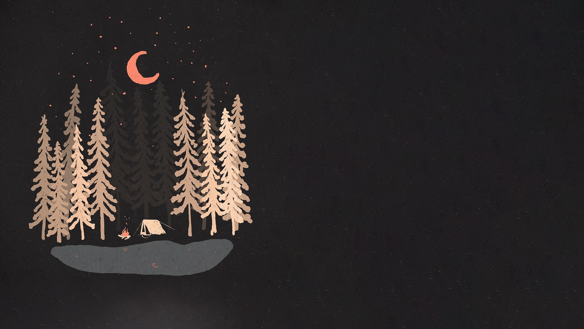 1080P, minimalism, stars, black background, night, paint splatter, tent, camping, fire, forest, Moon, trees, lake, digital art, HD Wallpaper