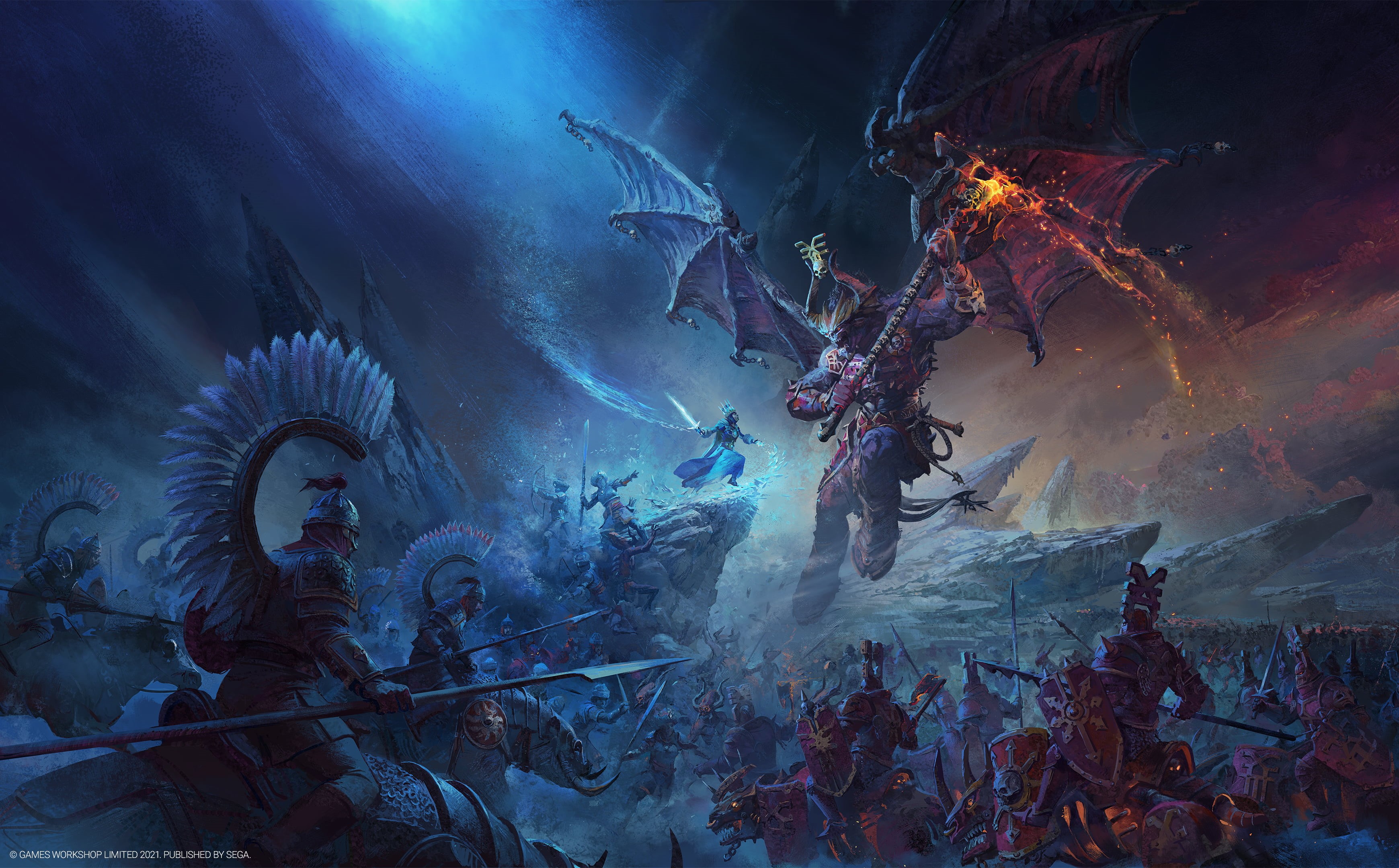 night, spear, digital art, video games, Games Workshop, demon, bow, Queen, sword, ice, Total War: WARHAMMER III, crown, Chaos, video game art, 2K, Axe, HD Wallpaper