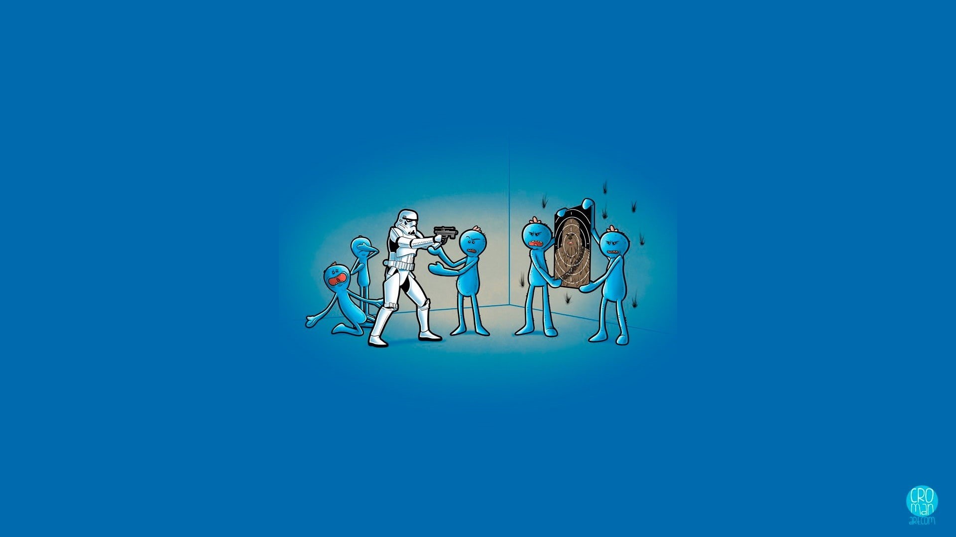stormtrooper, humor, Chewbacca, Mr. Meeseeks, blue, 1080P, Rick and Morty, Star Wars, HD Wallpaper