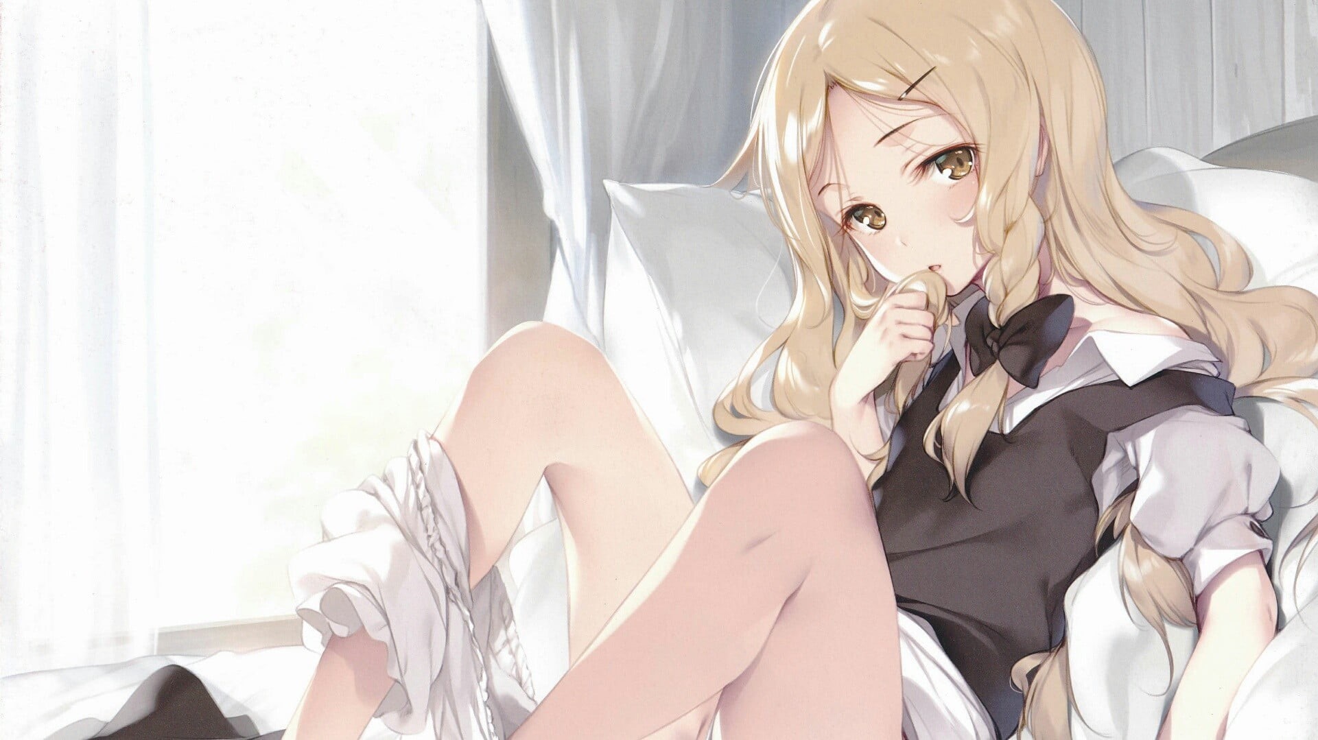 human body part, sunlight, beauty, beautiful woman, young women, hairstyle, anime girls, one person, anime, sitting, furniture, blond hair, women, home interior, HD Wallpaper
