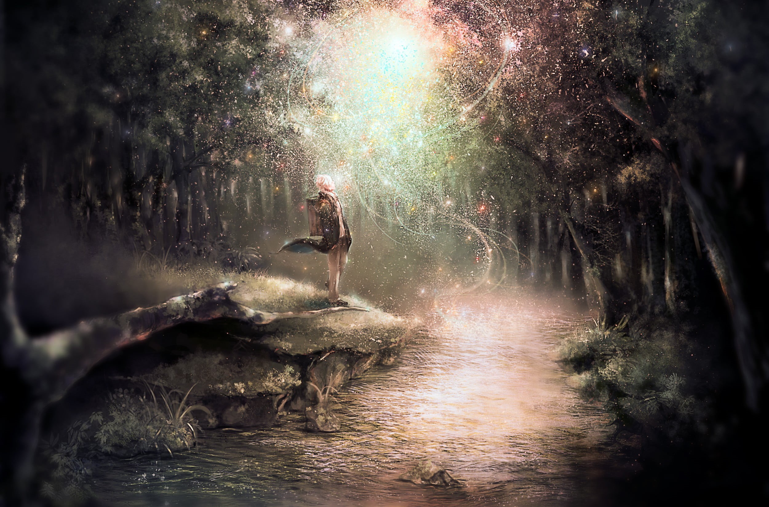 Ginko (Mushishi), outdoors, lifestyles, plant, one person, motion, solo, forest, real people, full length, adult, nature, firework, land, tree, water, 1080P, HD Wallpaper