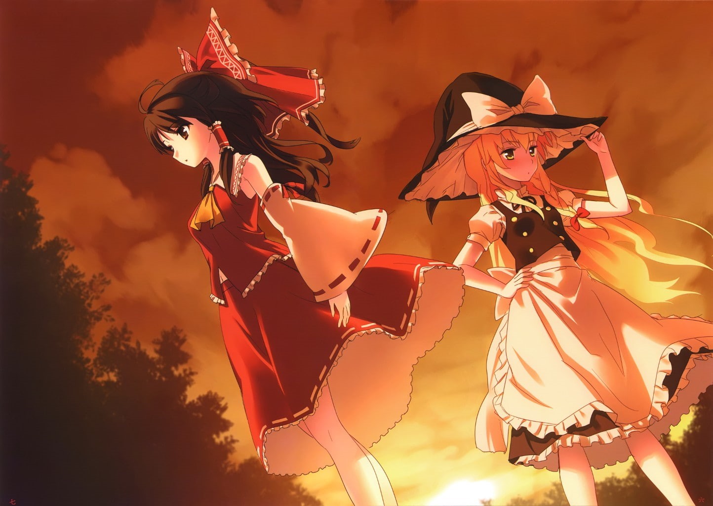 Kirisame Marisa, mammal, men, Hakurei Reimu, women, sunset, arts culture and entertainment, costume, anime girls, lifestyles, sky, sunlight, outdoors, representation, HD Wallpaper