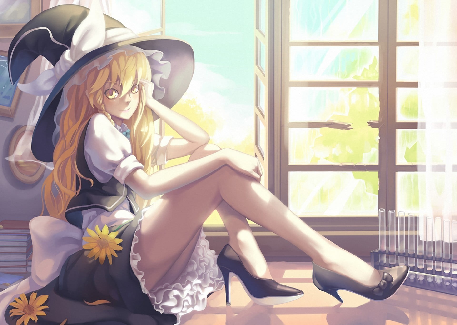 high heels, sunlight, fashion, day, clothing, lifestyles, Touhou, glass - material, full length, hairstyle, real people, Kirisame Marisa, beauty, sitting, HD Wallpaper
