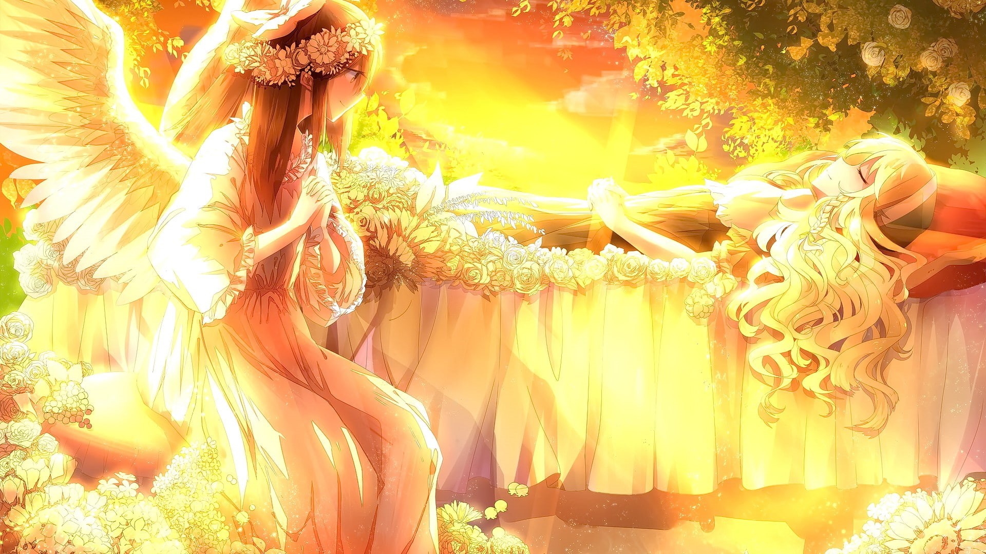 wings, sunlight, leisure activity, arts culture and entertainment, women, Kirisame Marisa, anime, clothing, plant, sleeping, celebration, sunset, yellow, HD Wallpaper