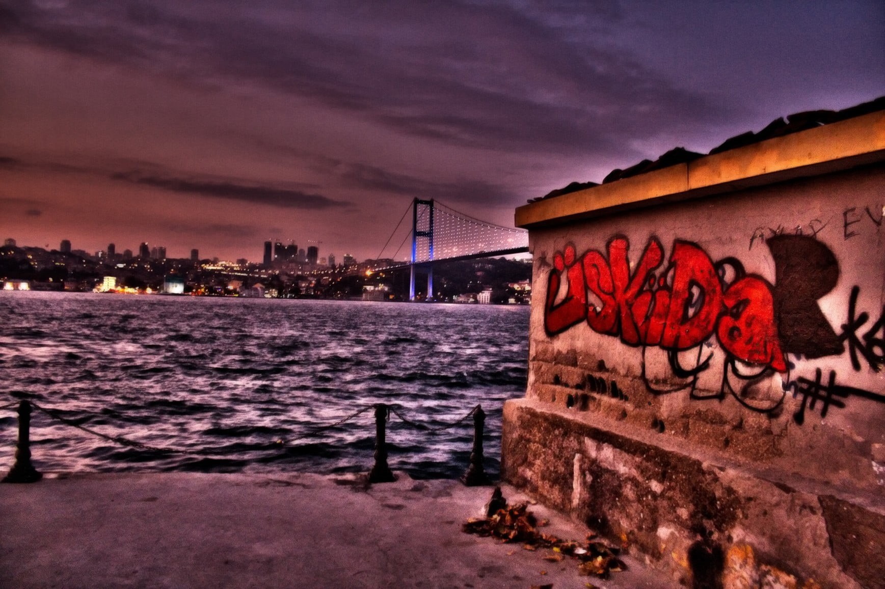 built structure, bridge, creativity, outdoors, Turkey, city, cloud - sky, art and craft, sky, night, graffiti, cityscape, architecture, water, Istanbul, HD Wallpaper