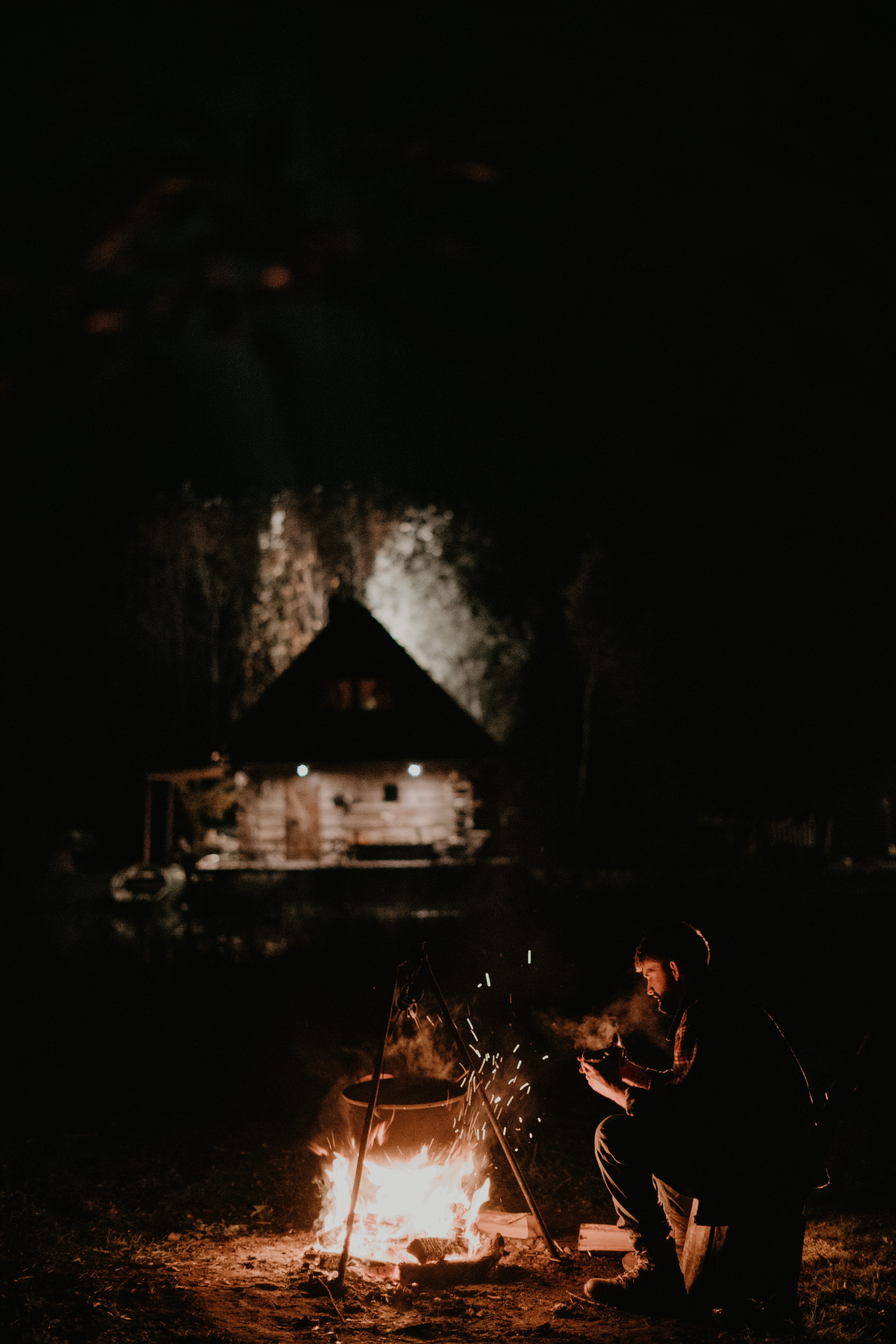 mid adult, cabin, burning, dark, camping, evening, food and drink, real people, light, countryside, cooking, outdoors, flame, adventure, night, illuminated, Phone HD Wallpaper