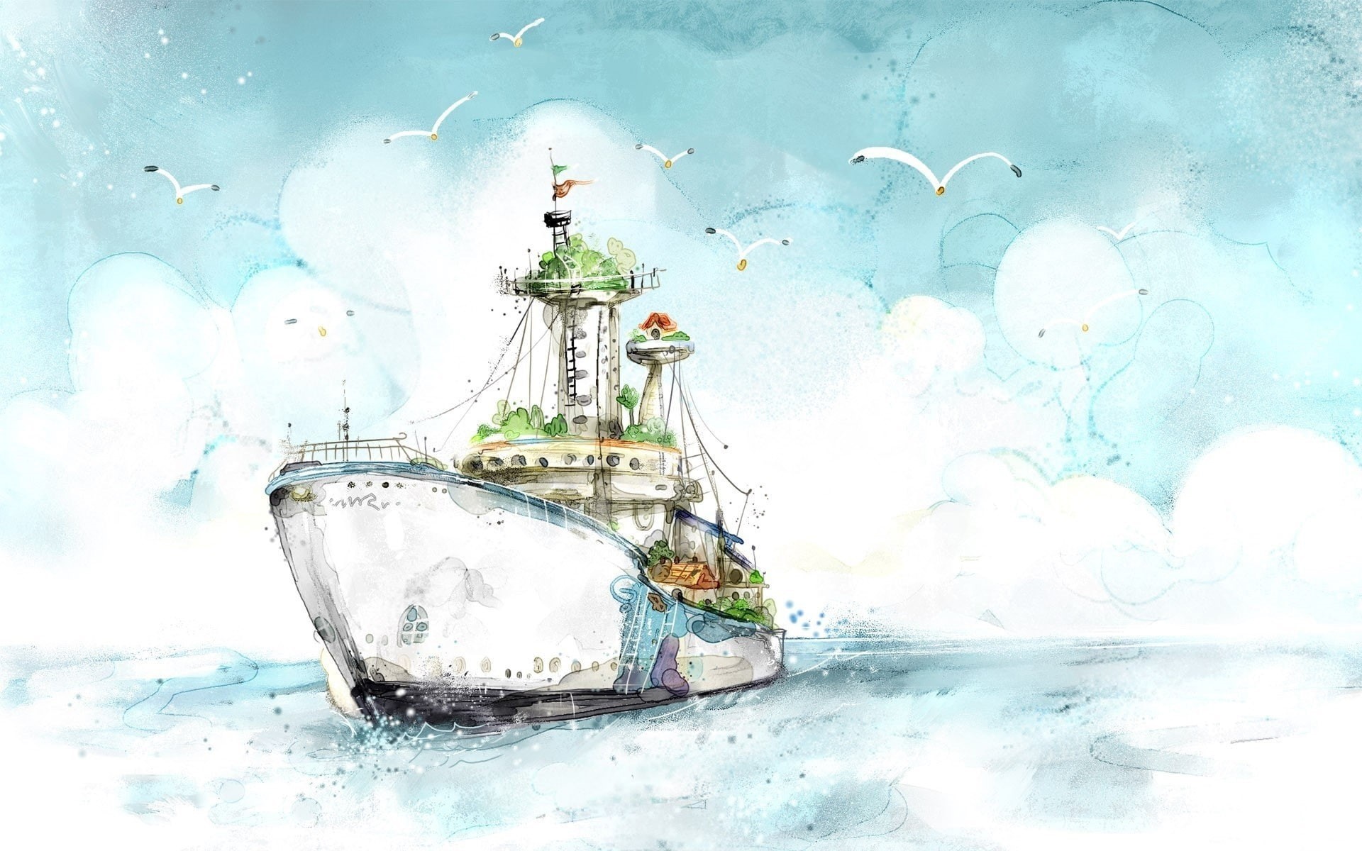 clouds, fantasy art, birds, 1080P, warm colors, artwork, watercolor, painting, sea, ship, HD Wallpaper