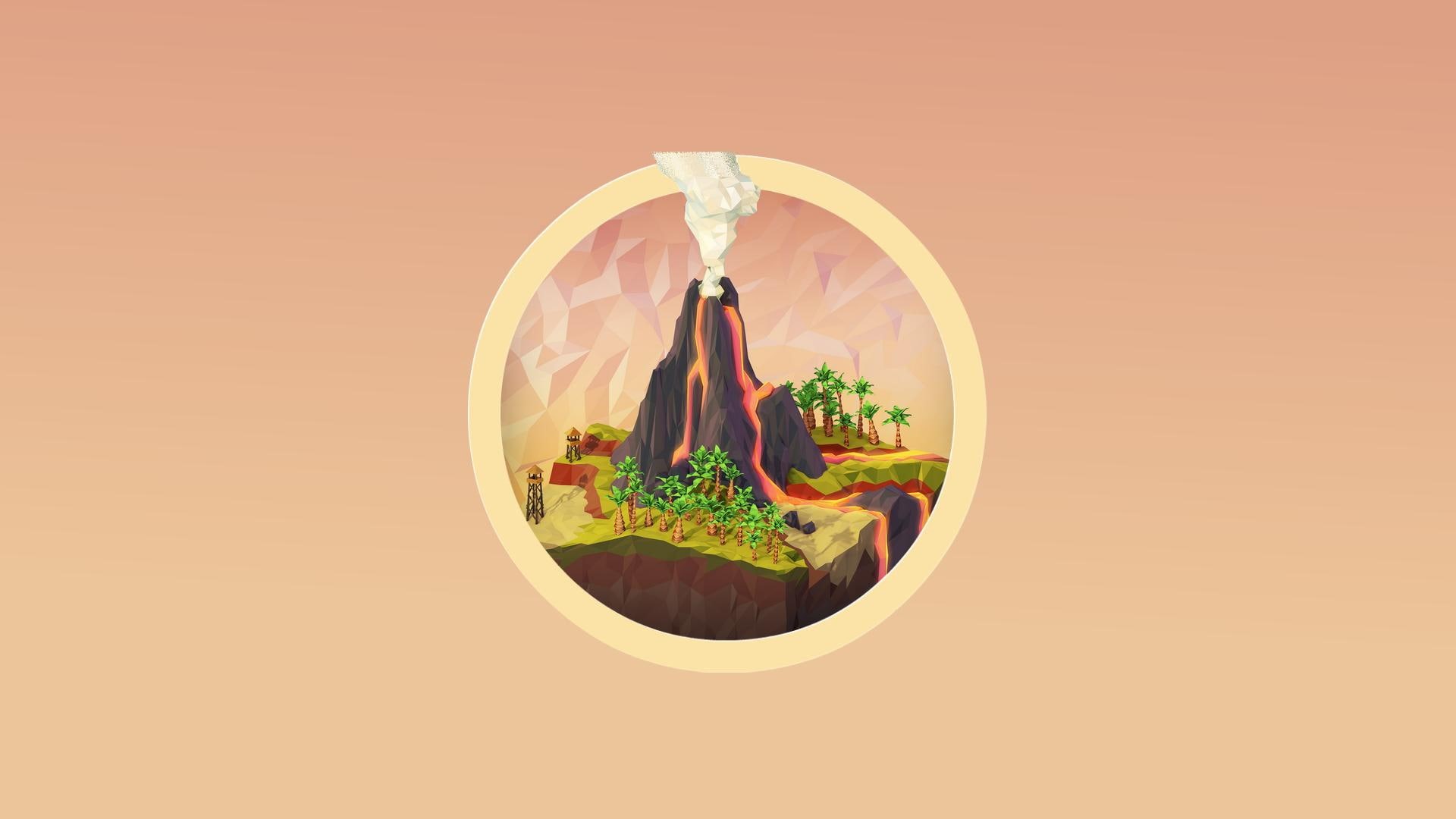 background, eruption, digital art, smoke, trees, low poly, low, nature, digital, simple, volcano, circle, palm trees, tower, palm, simple background, lava, HD Wallpaper