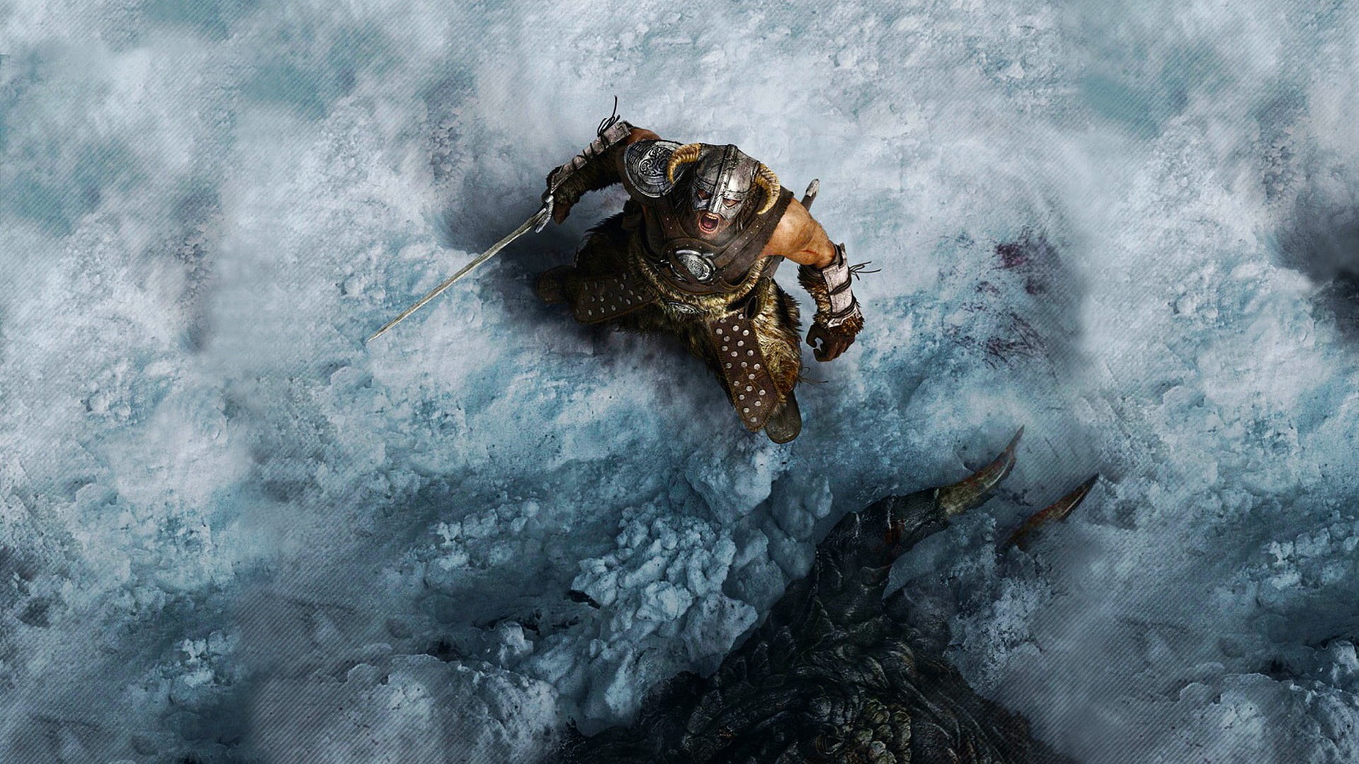 high angle view, The Elder Scrolls V: Skyrim, armor, one animal, man, vertebrate, 1080P, day, wearing, warrior, marine, nature, illustration, solid, holding, HD Wallpaper