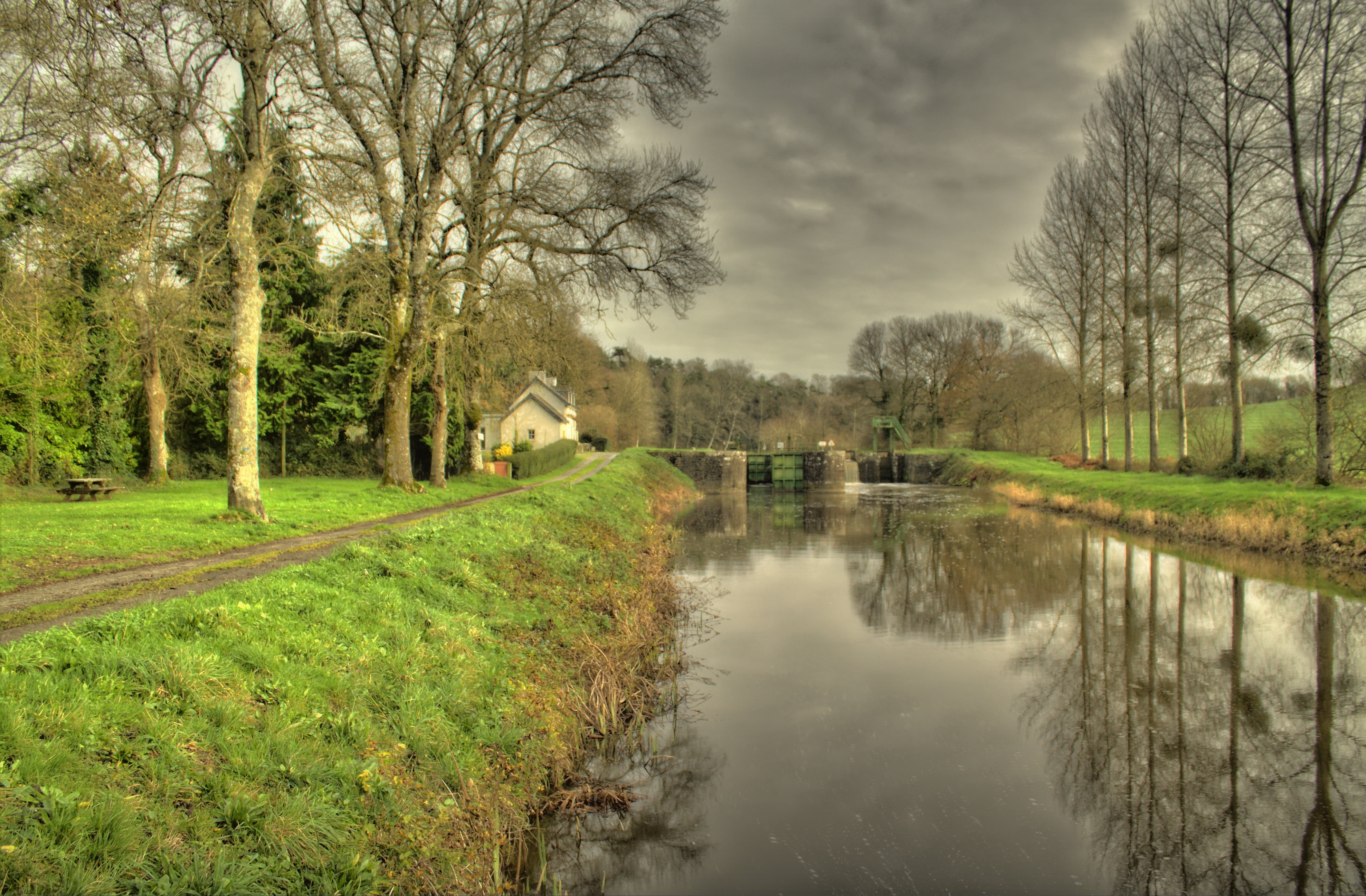 tranquil scene, non-urban scene, grass, reflection, outdoors, france, tourism, plant, 4K, tranquility, brittany, tree, bare tree, nantes to brest canal, HD Wallpaper