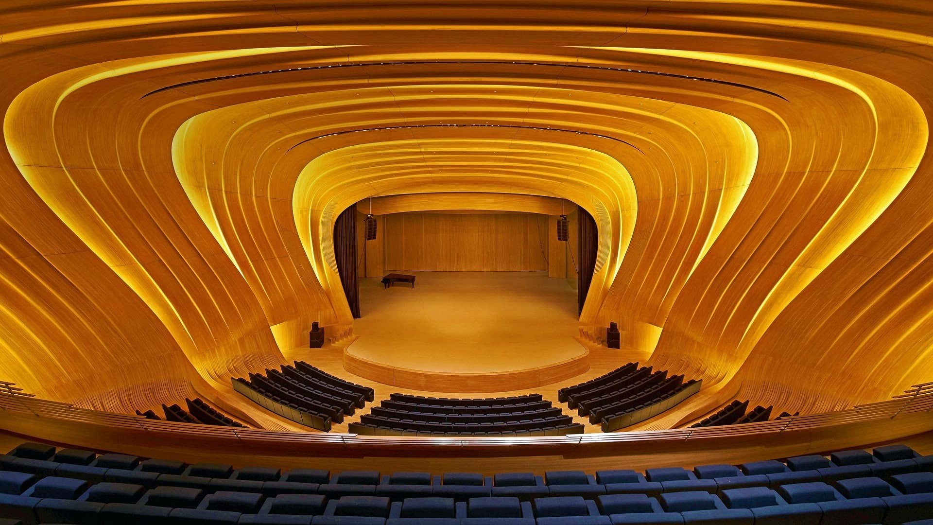 Wooden Surface, Interiors, Azerbaijan, Lights, Concert Hall, podiums, 1080P, Baku, Symmetry, Chair, Piano, stages, Modern, HD Wallpaper