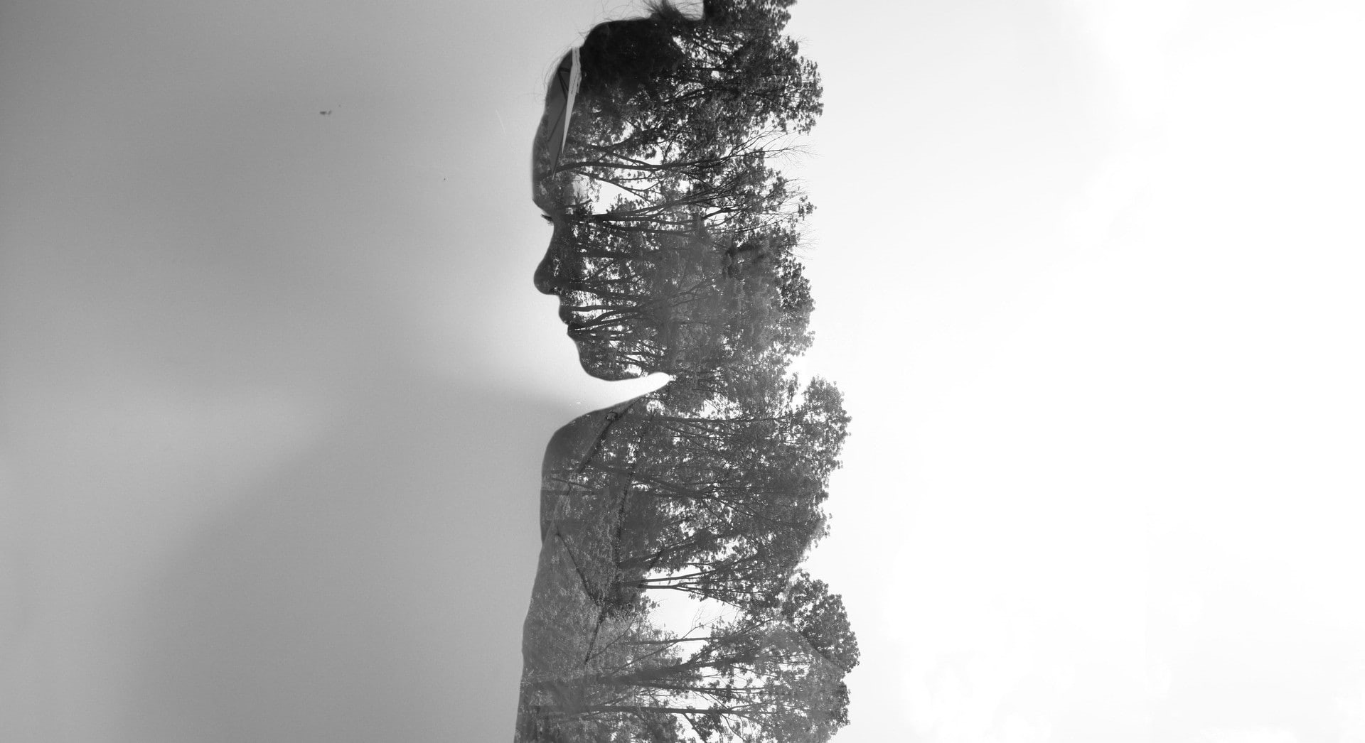 hairstyle, women, studio shot, waist up, side view, contemplation, digital composite, double exposure, headshot, multiple exposure, monochrome, adult, one person, HD Wallpaper