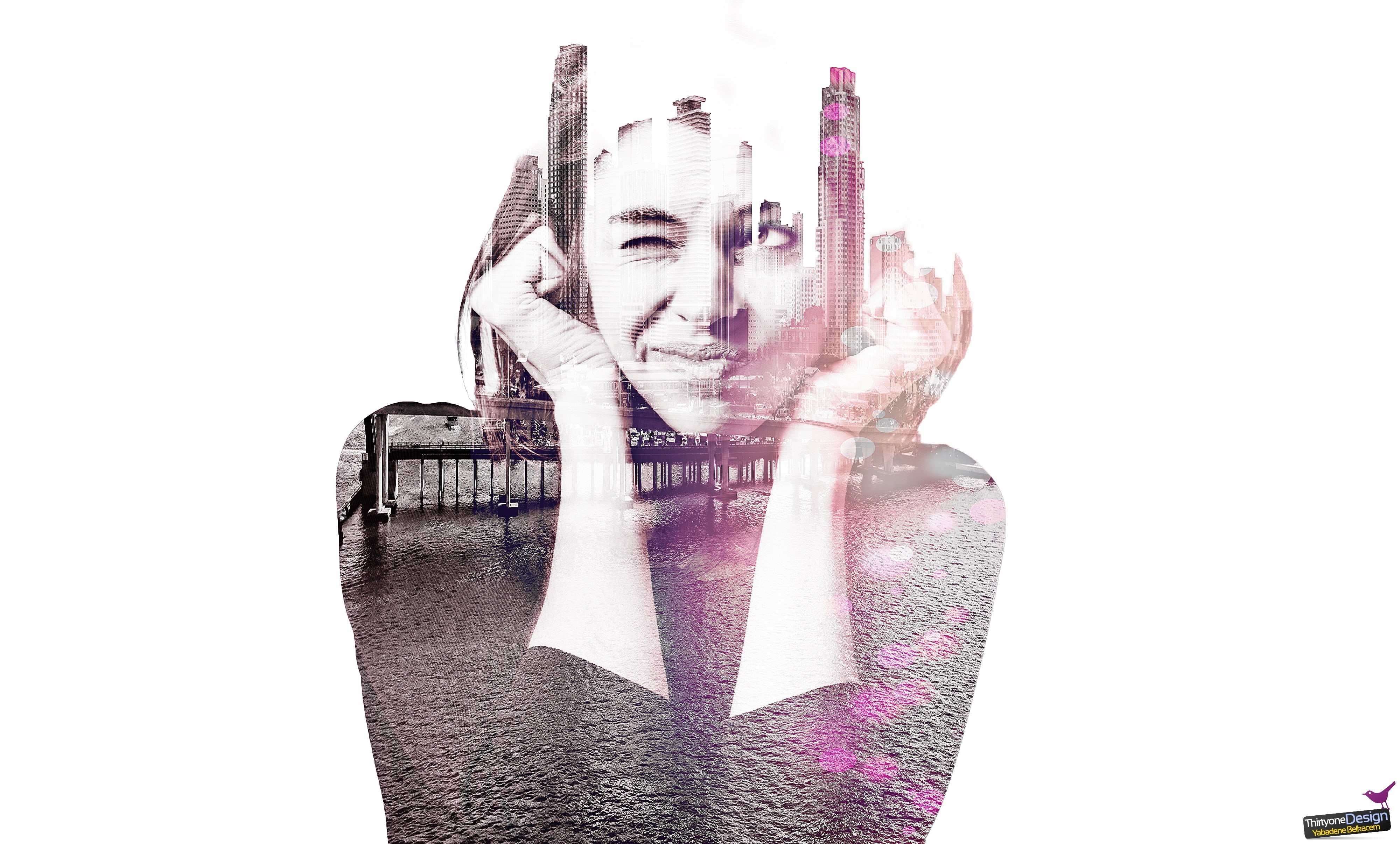 blonde, studio shot, indoors, business, finance, women, contemplation, hand, front view, young adult, multiple exposure, adult, white background, digital composite, HD Wallpaper