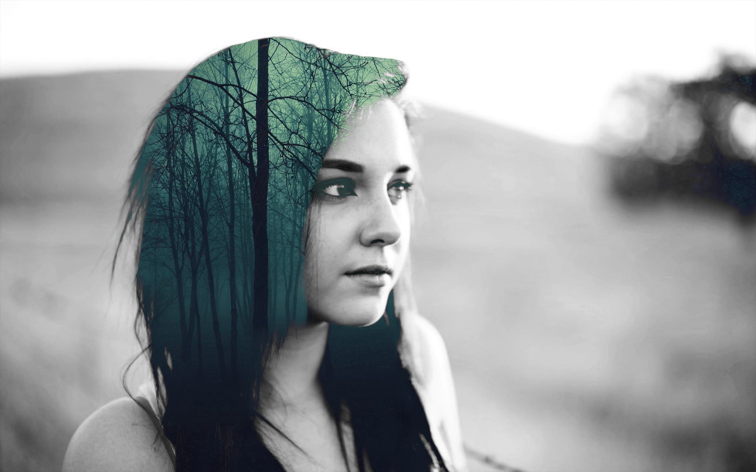 women, hair, forest, 2K, double exposure, HD Wallpaper