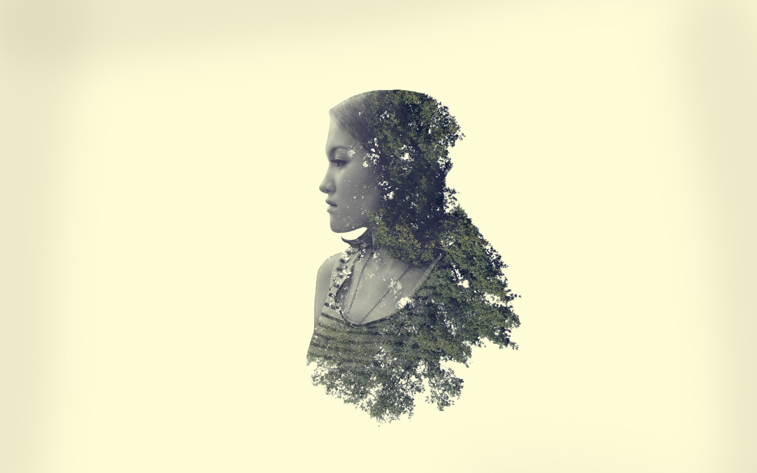  Photoshop, gray, woman, multiple exposure, white background, clear sky, wearing, looking away, real people, indoors, trees, headshot, one person, HD Wallpaper