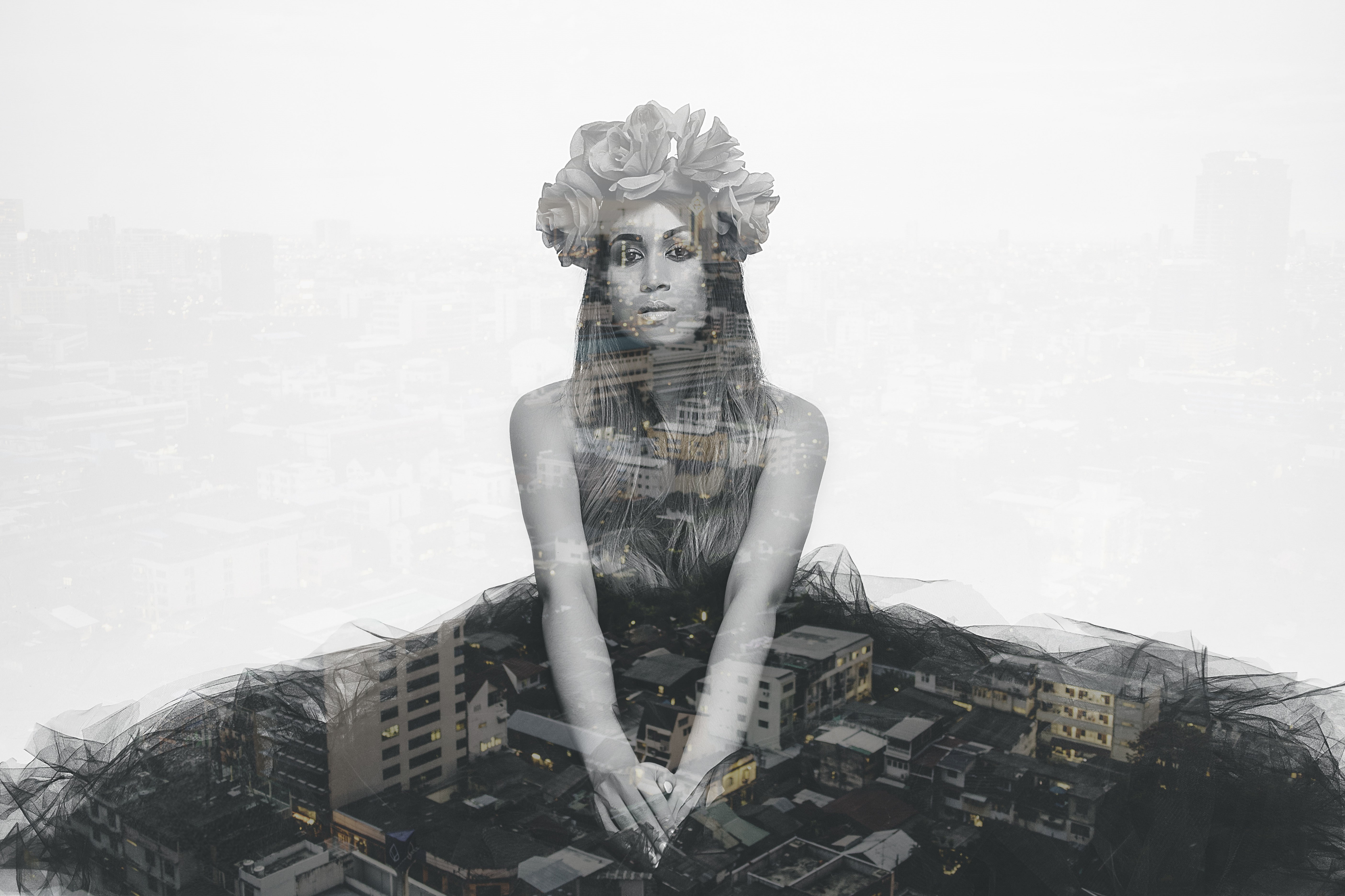 women, monochrome, flower in hair, double exposure, photo manipulation, 5K, HD Wallpaper